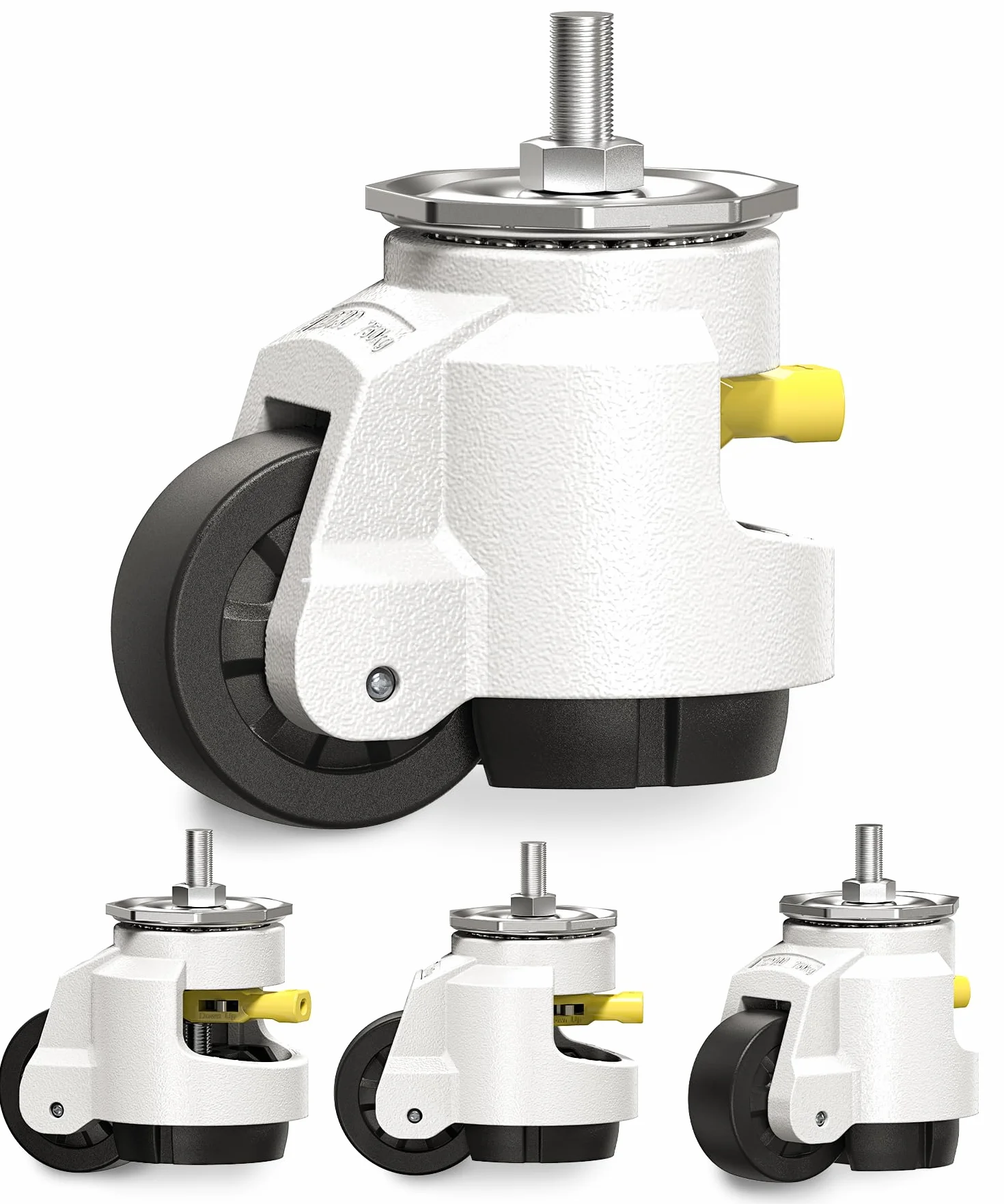 HOLKIE Juego de 4 ruedas giratorias niveladoras de alta pesados con mango de trinquete, ruedas retráctiles de tamaño de tornillo M12 y 1/2", ruedas ajustables para muebles, capacidad total de 2250 kg