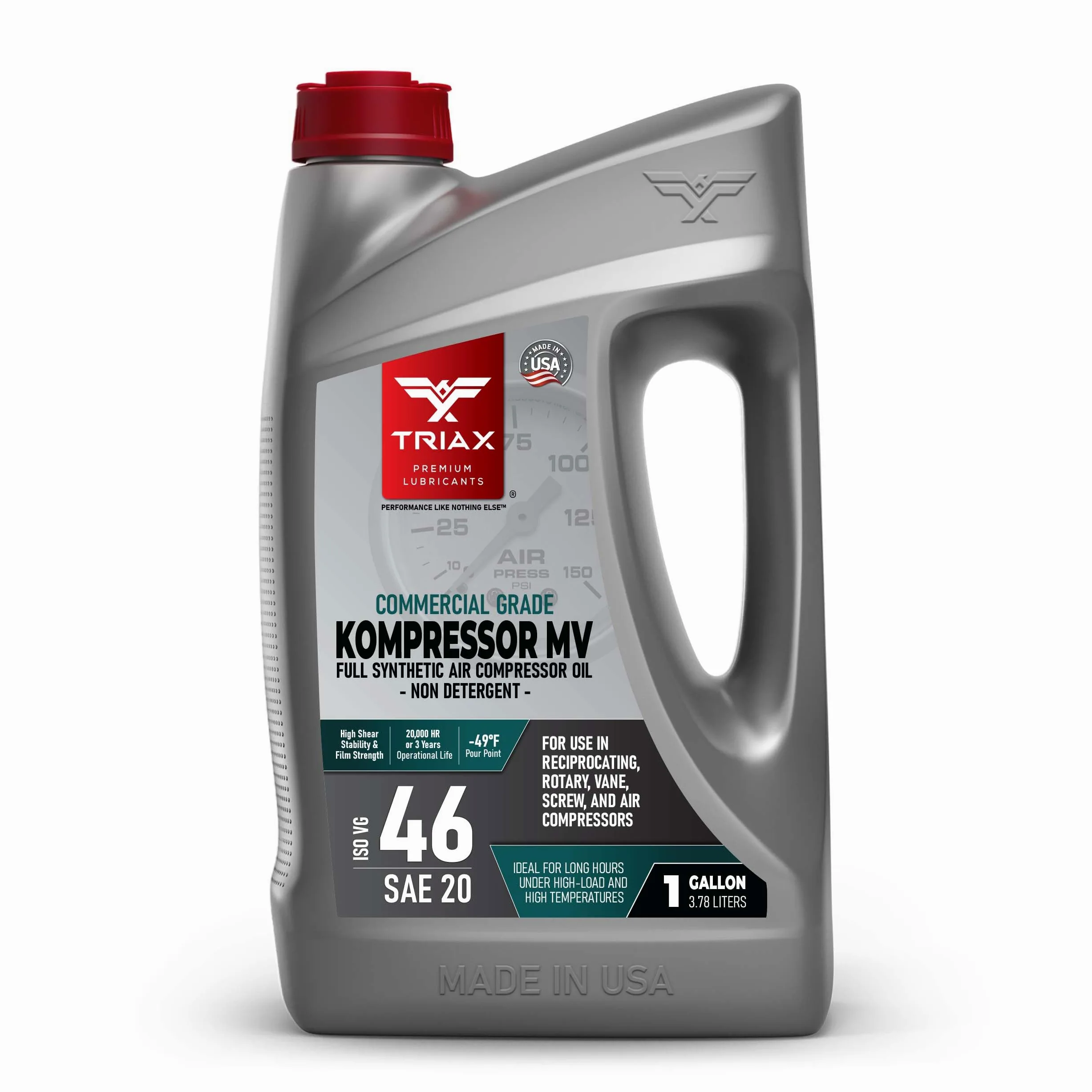 Triax Kompressor MV ISO 46, Multi Viscoso, aceite totalmente sintético para compresores de aire rotativos, de paletas, de tornillo, recíprocantes, alta temperatura, 20.000 horas (1 galón/3.78 l)