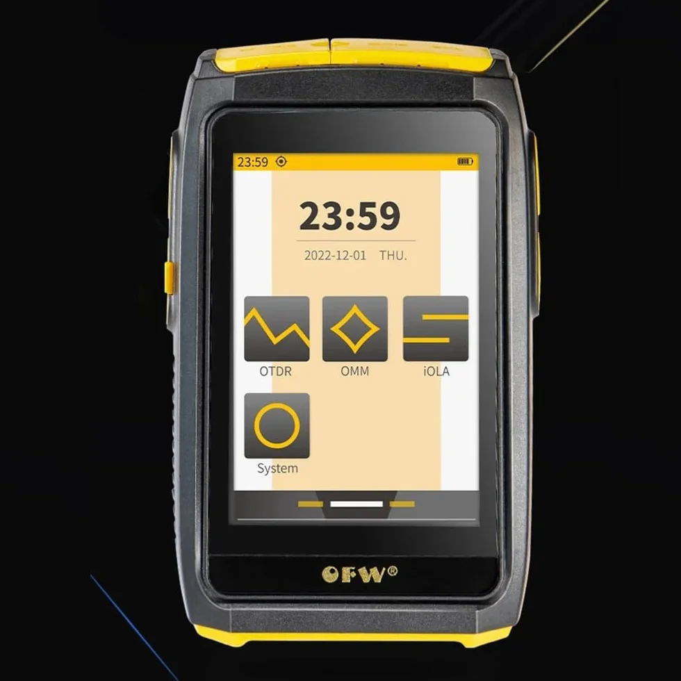Mini OTDR Reflectómetro óptico del campo del tiempo, probador multifuncional de fibra óptica OTDR 1550nm 20dB reflectómetro óptico de pantalla táctil OPM VFL(con iola)