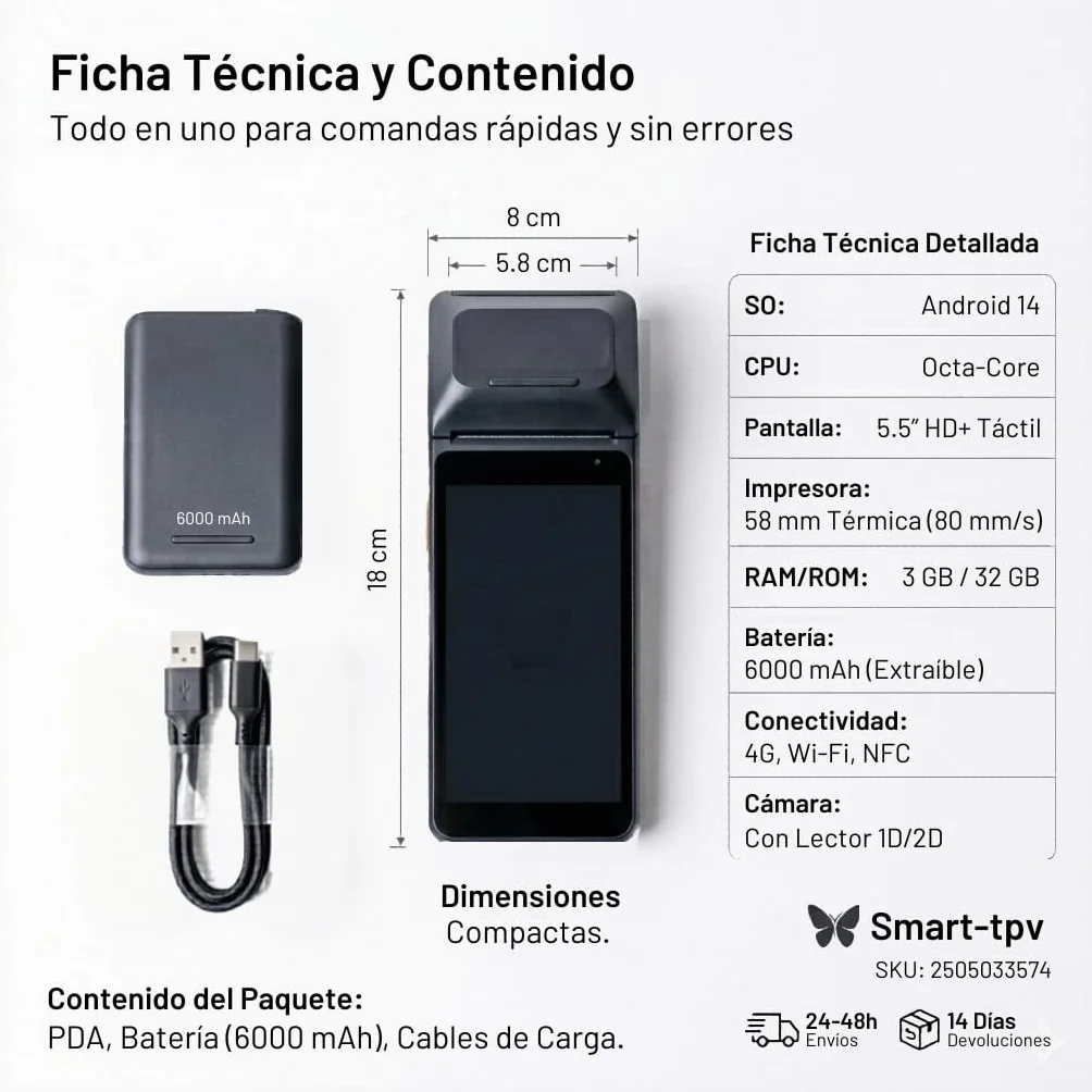 MAIA PDA Android para Hostelería y Restaurantes con Impresora 58 mm | Comandero TPV con Lector QR 1D/2D, 4G y WiFi | Terminal Portátil Profesional para Comercio y Reparto