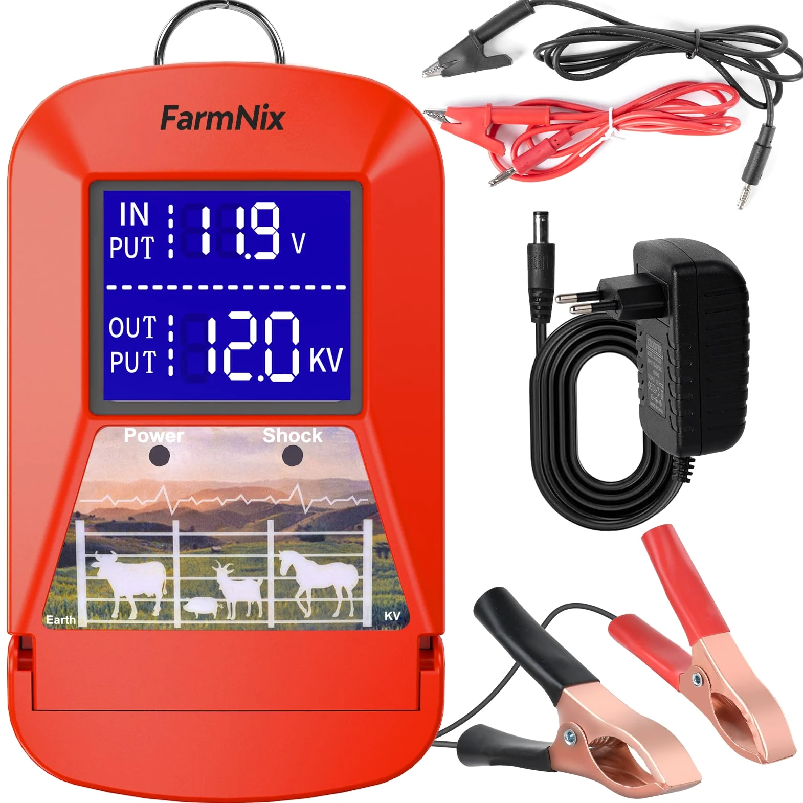 Energizador de Cercas Eléctricas 12V con Pantalla LED, Cerca Eléctrica 3J 230V para 24 KM, Alimentación Múltiple (Red/Batería/Solar), Cargador de Cercas para Ganado, Caballos y Granjas