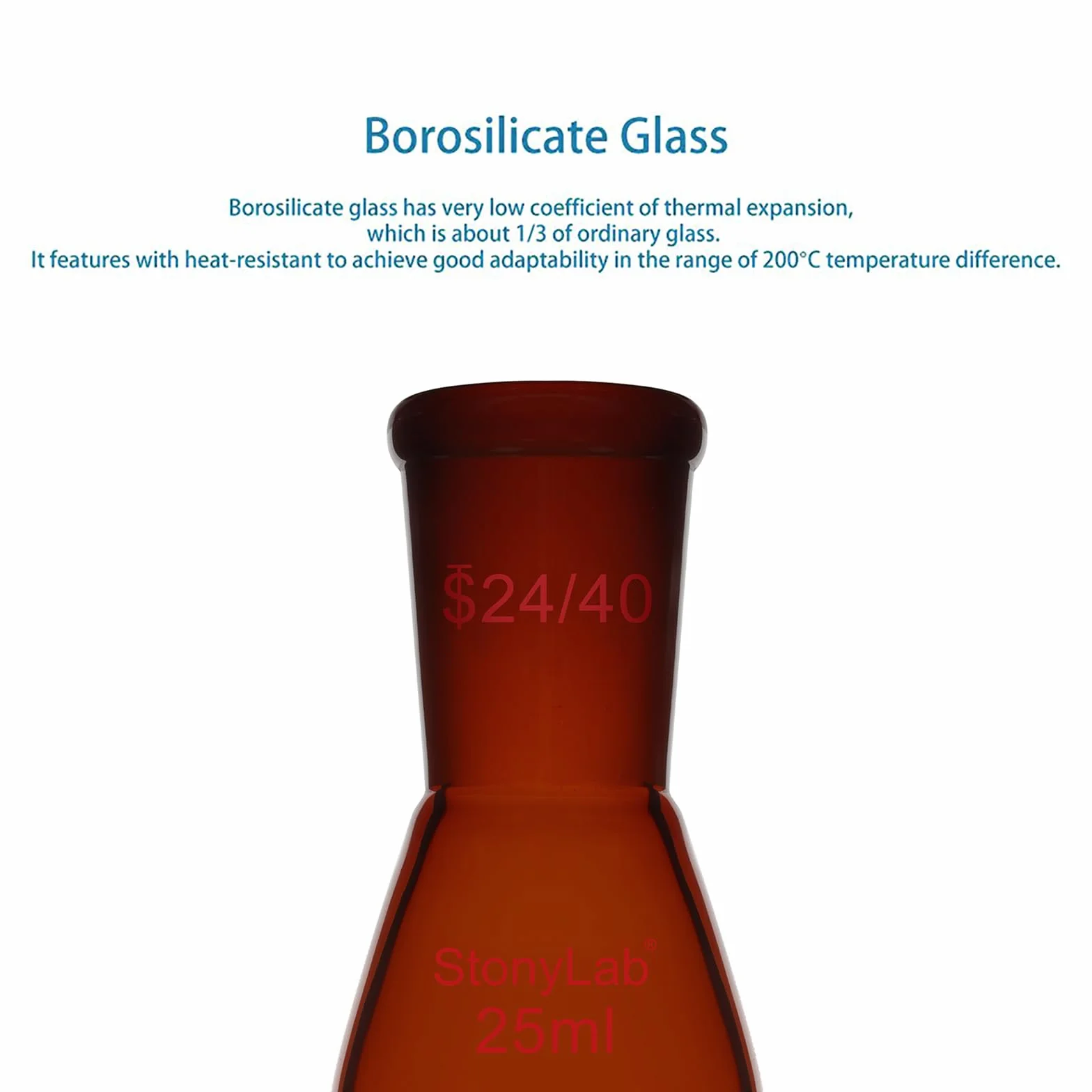 Matraz de Recuperación de Vidrio Borosilicato Ámbar 25 ml, Cuello Único 24/40, Pared Gruesa