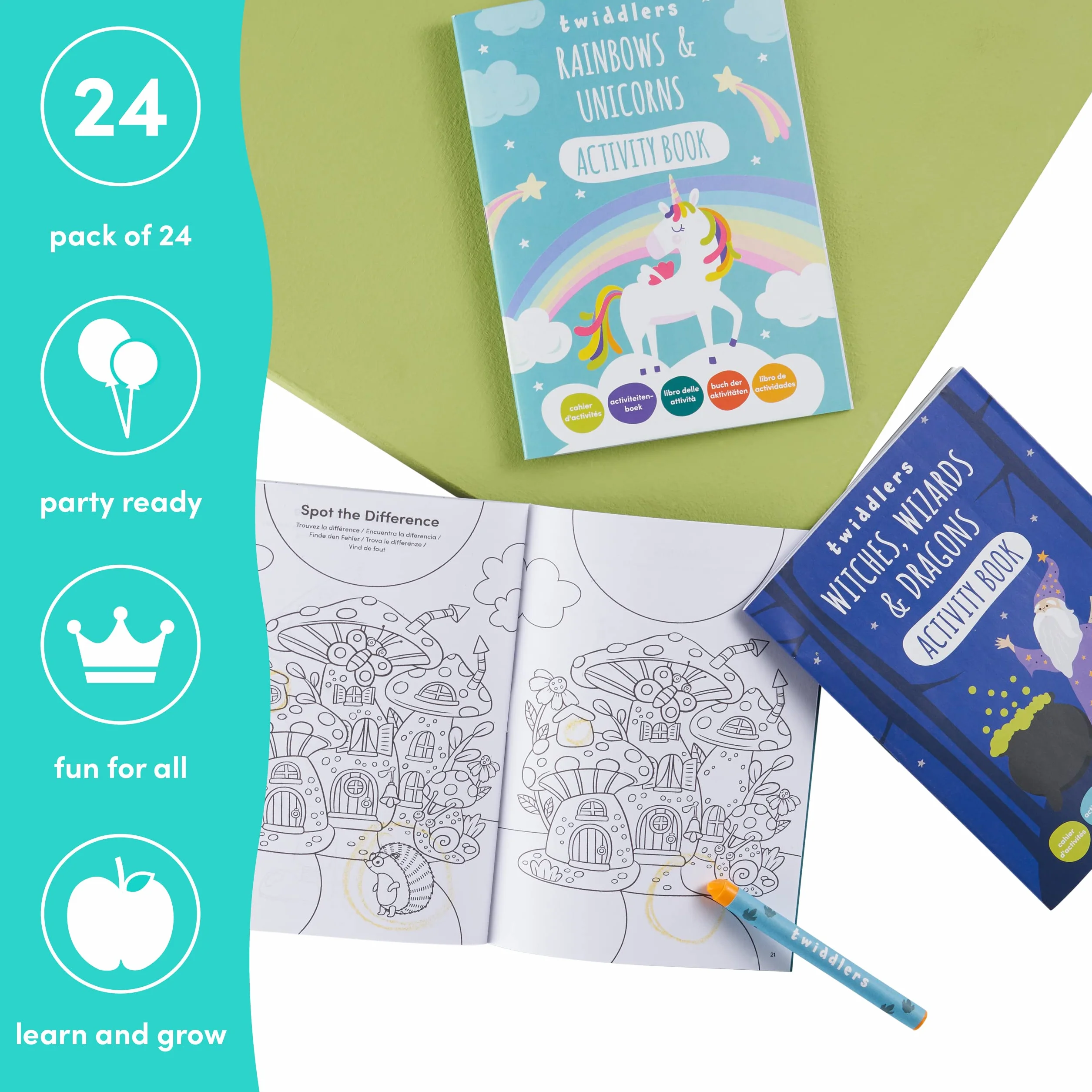 THE TWIDDLERS 24 Mini Libros de Actividades de Fantasía para Niños - Juegos de Contar, Dibujar y Memoria - 4 a 8 años