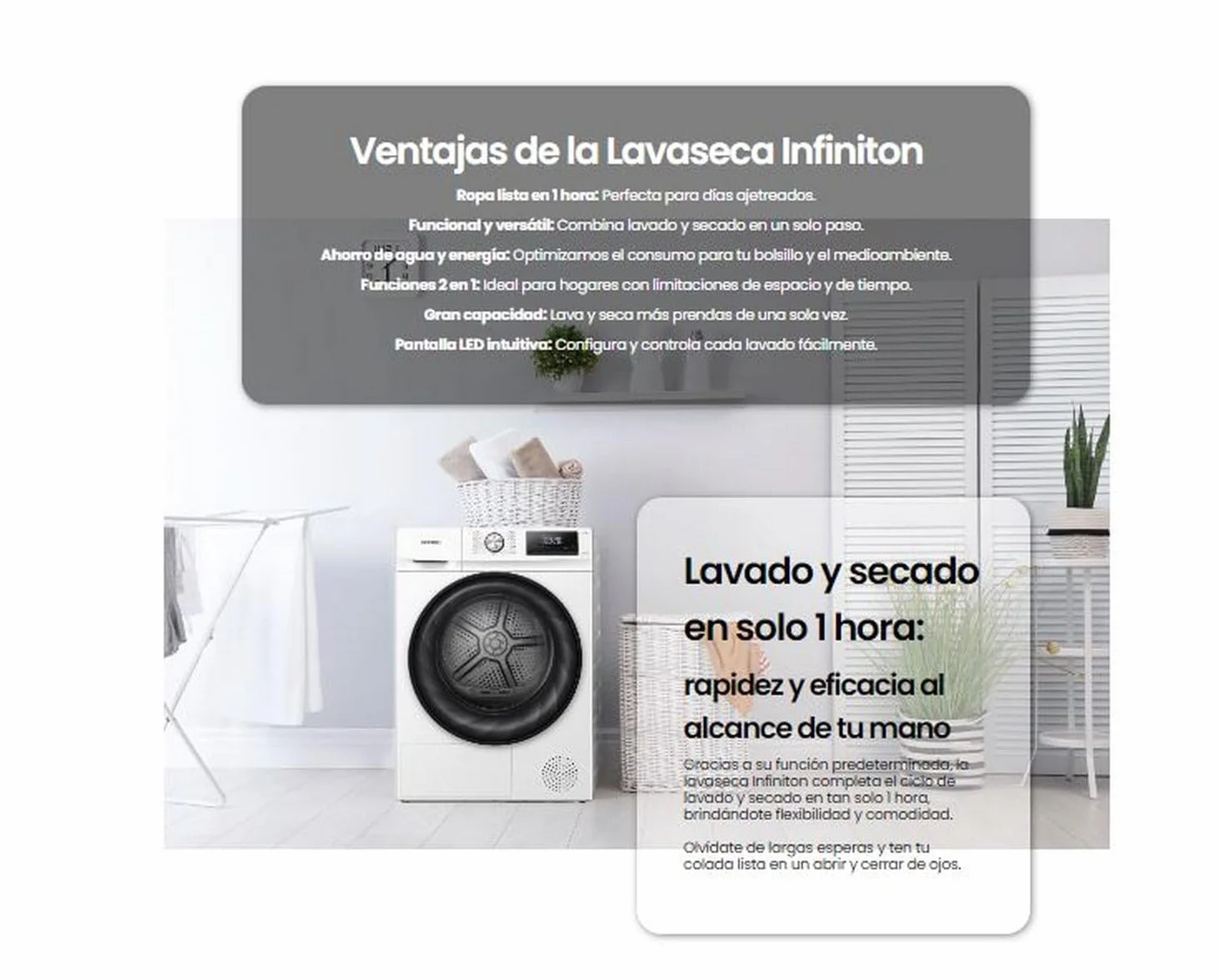 INFINITON Lavaseca WSD-Y8A5D4WD 8 kg 5 kg 85 cm 15 Programas Inverter Vapor Care Add Clothing Blanco