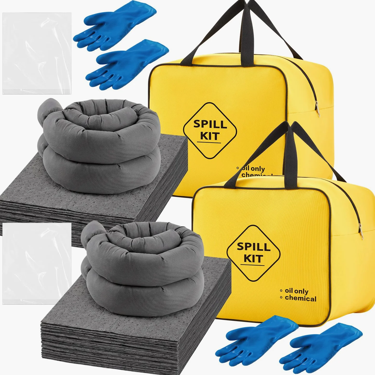 Paquete de 48 unidades, kit universal de respuesta de emergencia, incluye bolsa amarilla, 30 almohadillas, 4 calcetines, 10 bolsas y 2 pares de guantes para vehículos, médicos, oficinas, industriales