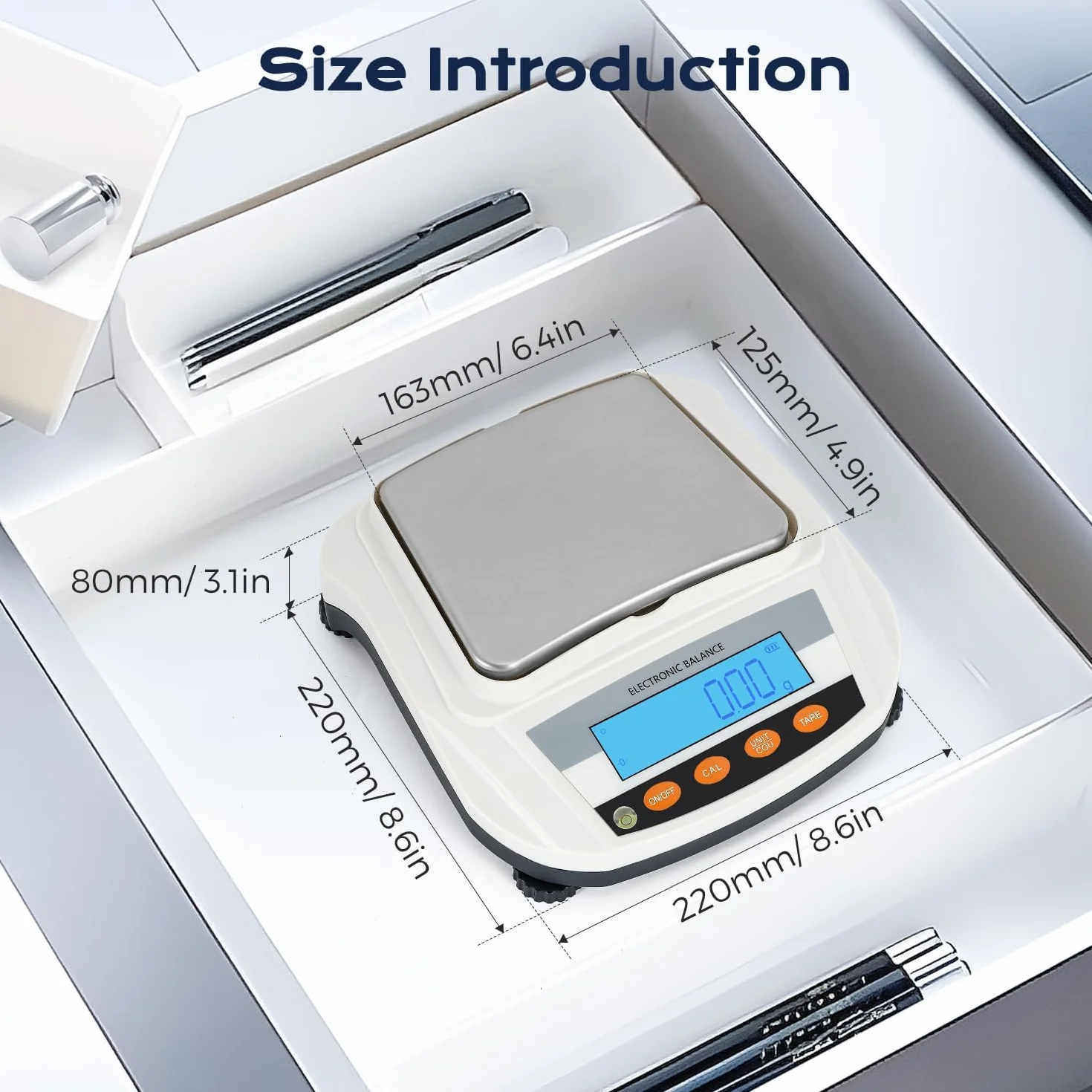 Bonvoisin Báscula analítica de 2000 g x 0,01 g, báscula de laboratorio de alta precisión con 17 unidades, función de conteo y calibración automática, placa de pesaje de acero inoxidable, doble