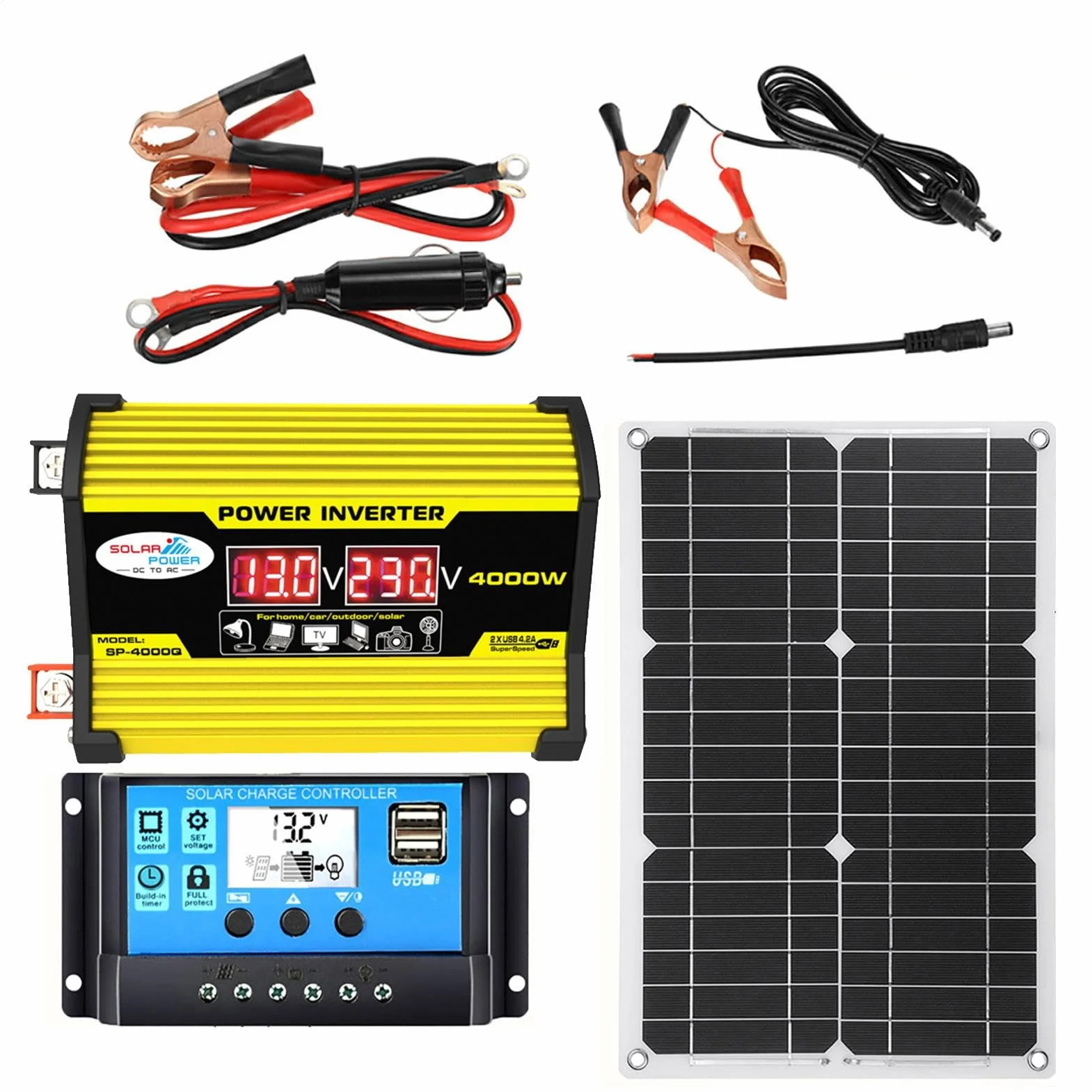 Genérico Kit de Paneles solares con inversor, de energía Solar con inversor de energía y Paneles de energía de 4000W, Panel Solar y Kit de Controlador, Controlador automático de Carga Solar para RV