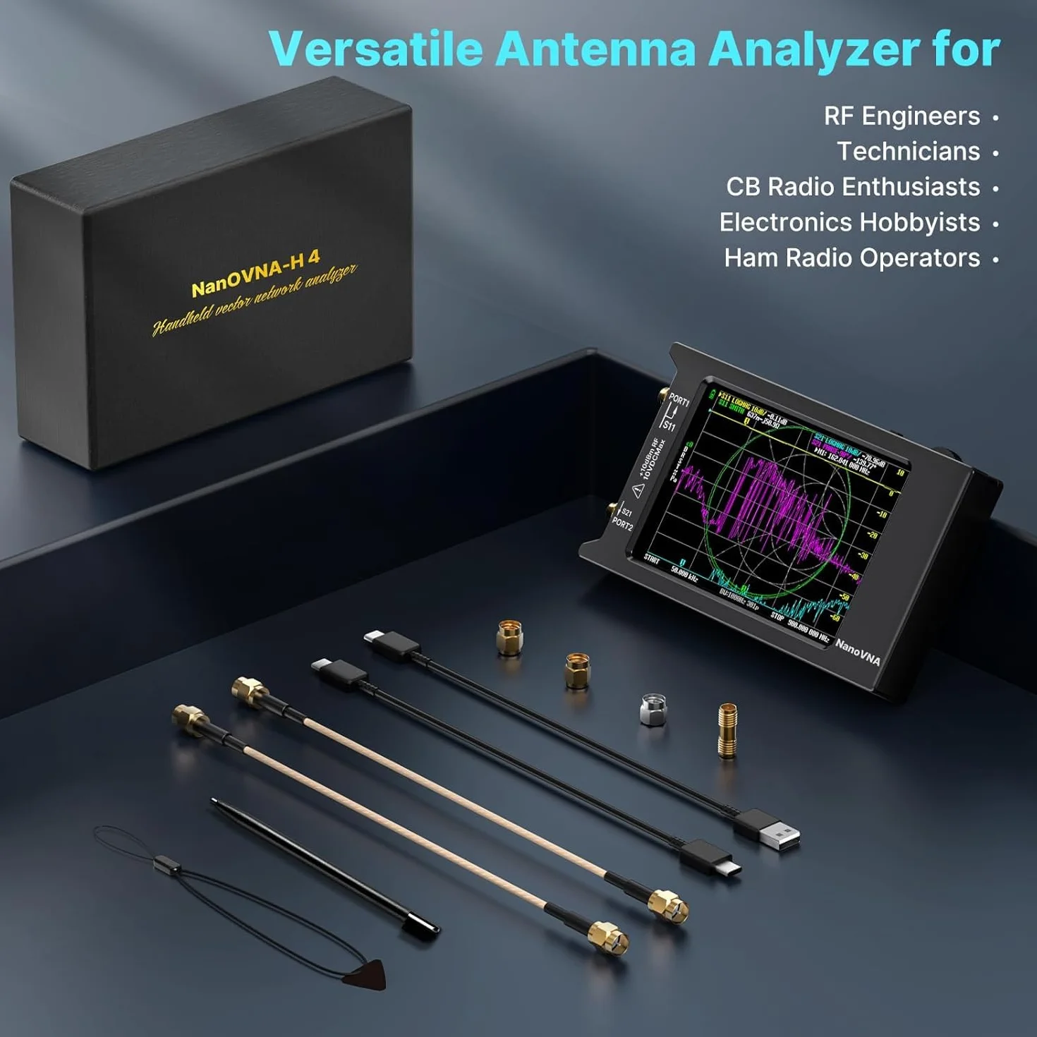 AURSINC NanoVNA-H4 Analizador De Redes Vectoriales, Últimas V4.4 10KHz-1.5GHz HF VHF UHF 4" Pantalla Táctil Nanovna Analizador De Antenas, Radioaficionado, Medición De Los Parámetros S, SWR
