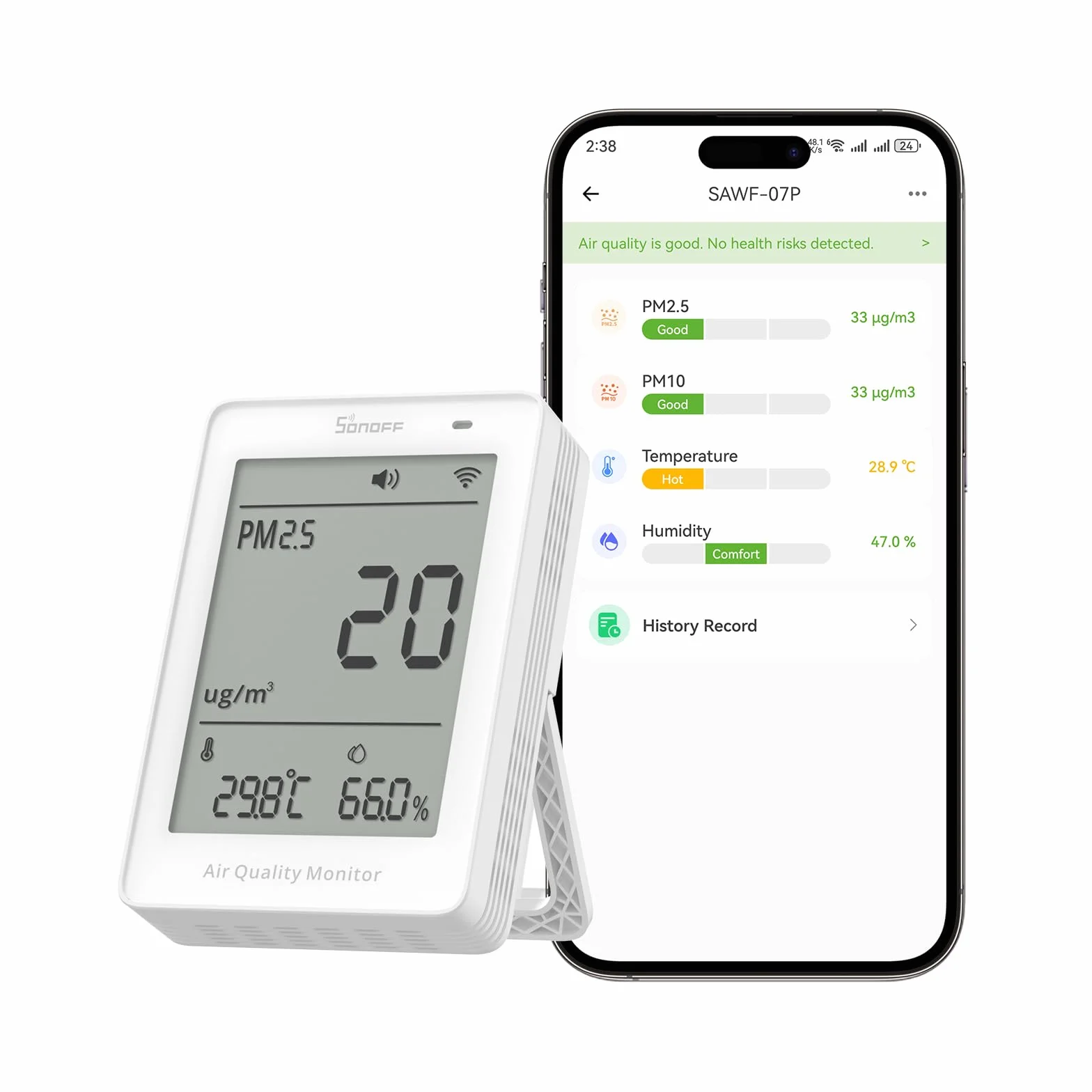 SONOFF Monitor inteligente de calidad del aire, PM2.5, detector PM10, temperatura/humedad, pantalla en tiempo real y alarma