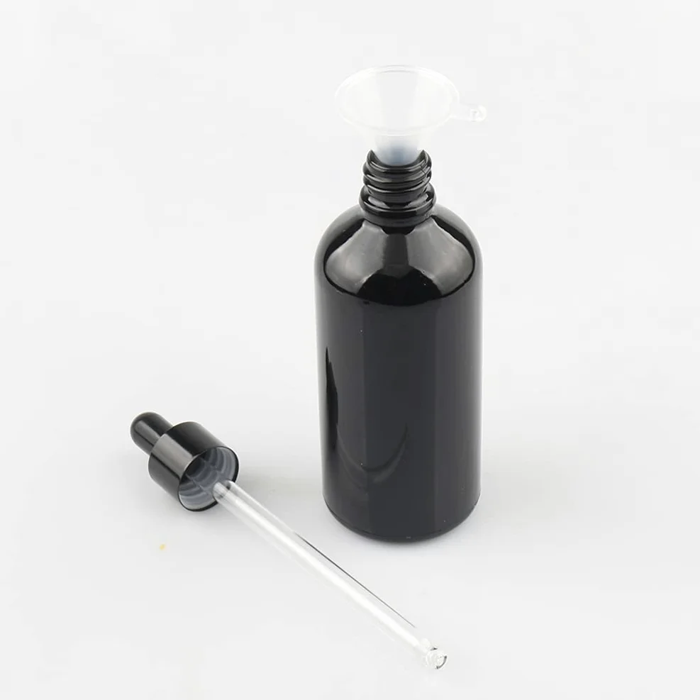 12 Pieza,Botella de Aceite Esencial Negro brillante de 100 Ml, Fácil de Llenar, Botellas de Cristal con anillo de Negro y pipeta,para Aceite Esencial, Masaje,Fragancia, Aromaterapia
