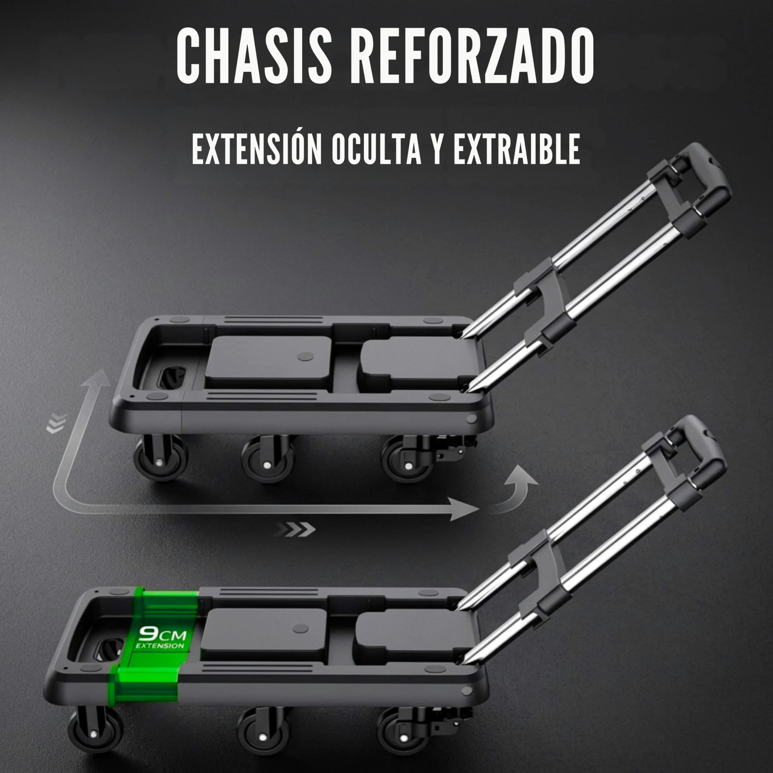 Carretilla Plegable hasta 100kg con 6 Ruedas de Goma con Freno, Carro de Transporte Plegable Extensible 60x30 cm, Mango Telescópico Ajustable, Plataforma Compacta para Mudanzas, Compras o Trabajo