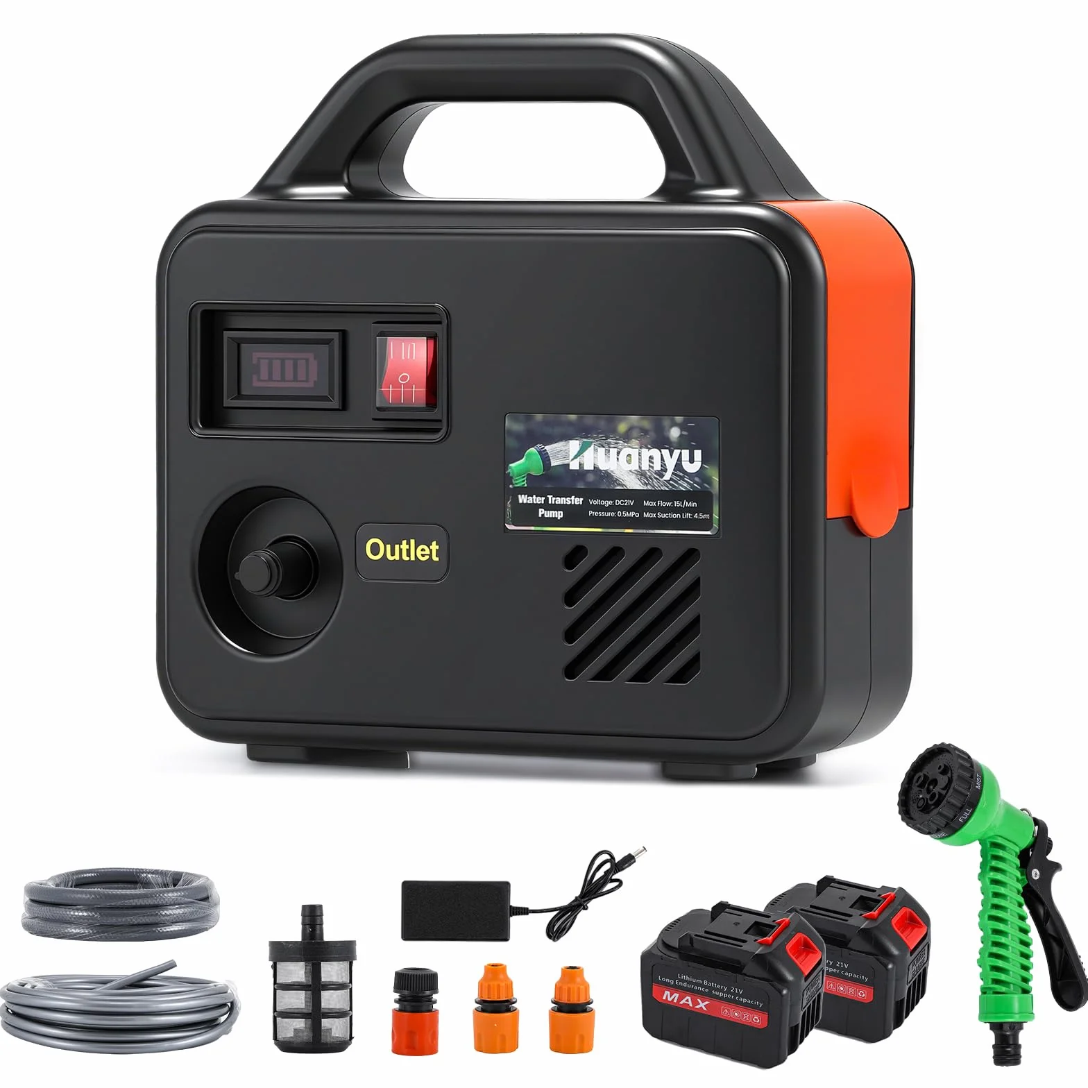 Huanyu Bomba Inalámbrica de Transferencia de Agua Bomba de Agua a Batería con 2x22500mAh 21V Baterías Bomba Eléctrica Portátil con Kit de Manguera de Agua Larga para Riego y Limpieza