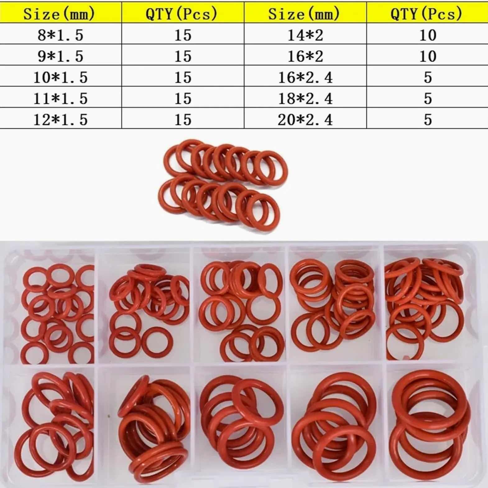 Juego de Juntas tóricas de Silicona roja CS1.5/1,0/2,0/2,4 mm, arandela de Sellado de Silicona, Gel de sílice Aislado de Goma for Cocina (110 Uds Mezclados)(110PCS Mixed)
