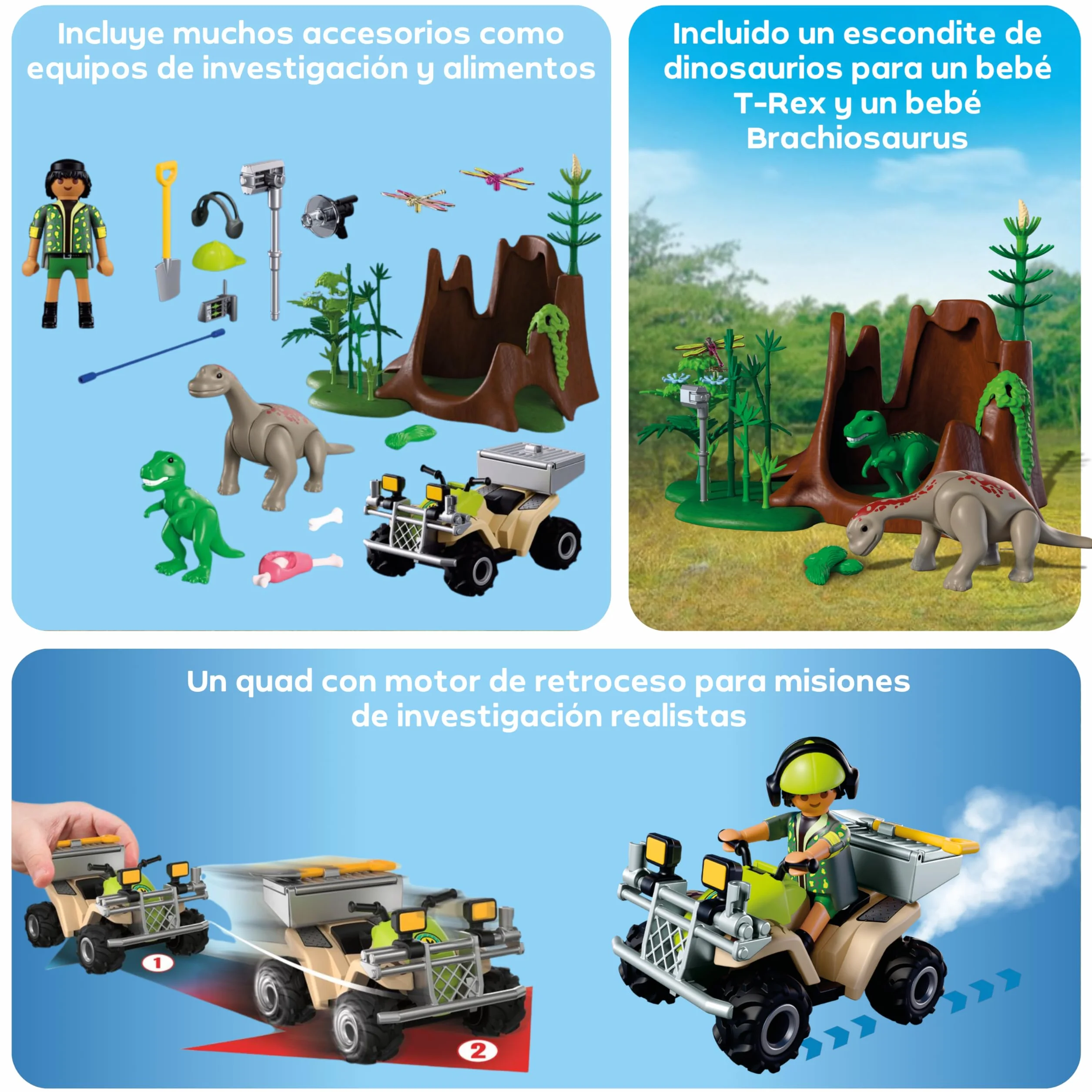 PLAYMOBIL Dinos Escondite de Dinosaurios con Quad, cría de T-Rex y Braquiosaurio | Juguete niños 4+ años | 72069