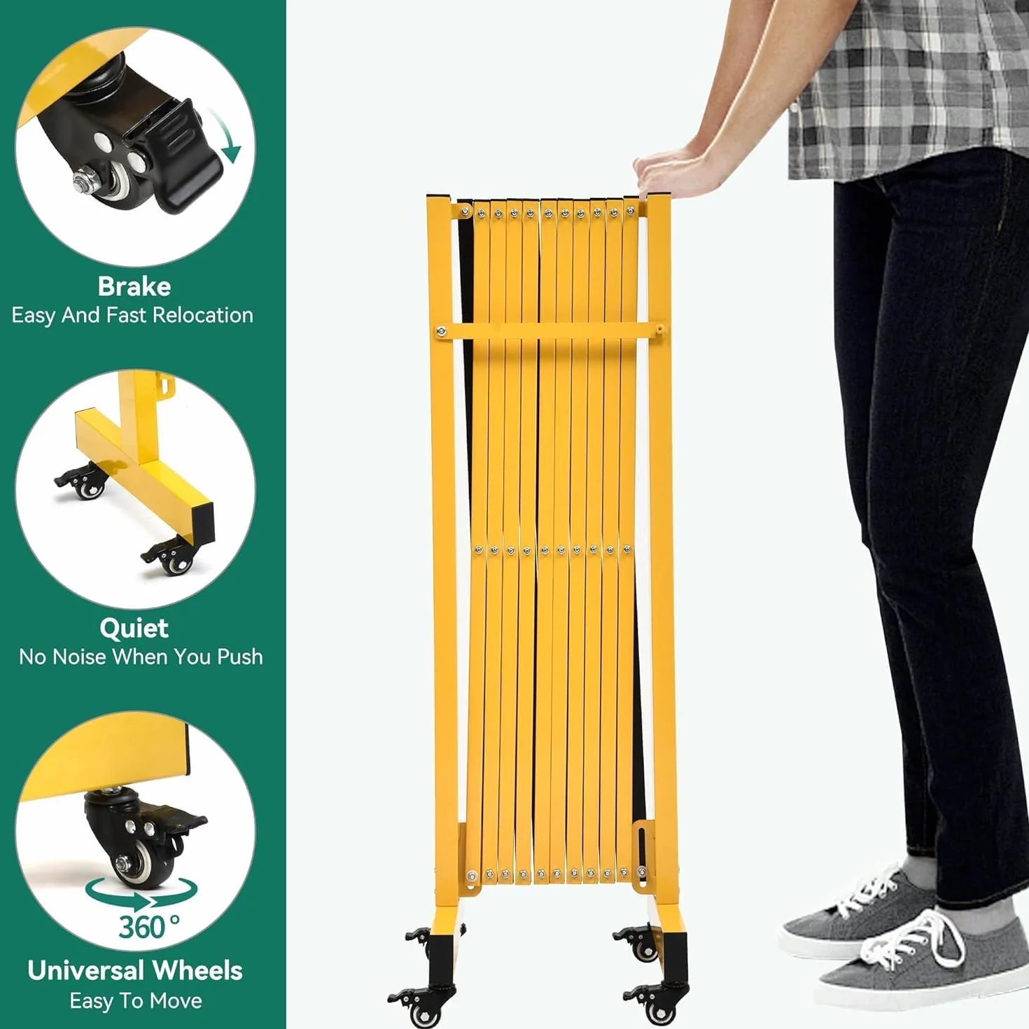 Garvee Barrera de Seguridad Extensible de Acero al Carbono 3,35m x 103cm, Valla Plegable Retráctil con Ruedas para Control de Acceso en Garajes, Industria, Obras y Almacenes, Amarillo