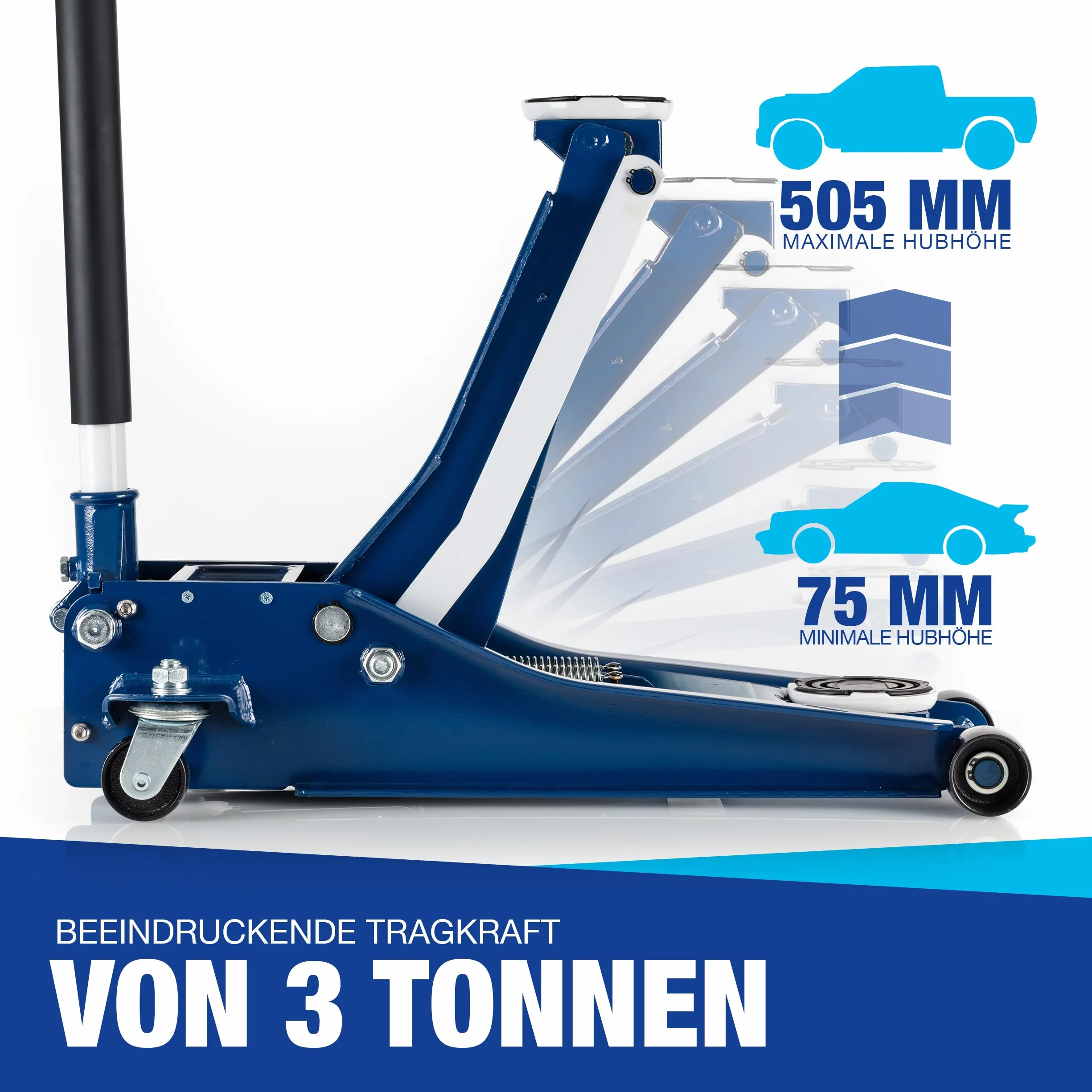 NTG Gato hidráulico 3T | Altura de elevación de 75 – 505 mm | con Doble Cilindro Plano para SUV & Coches Profundos Coche Coche Gato hidráulico 3T 3 toneladas [Extra Estable 35,2 kg]