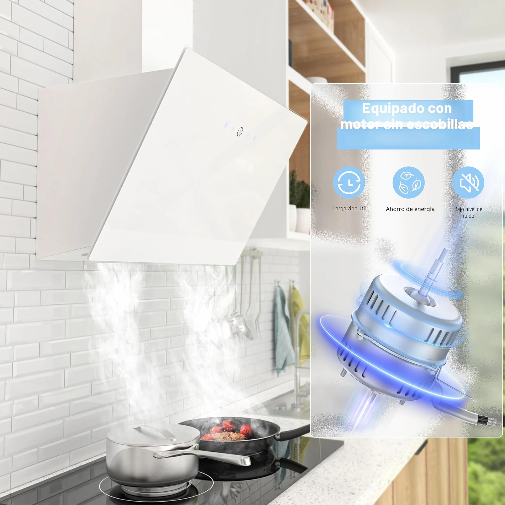 FIREGAS Campana extractora 60cm 578 m³/h Motor sin escobillas Digital touch 9 velocidades LED Recirculante Extracción Incluye filtro de carbón Cristal Blanco