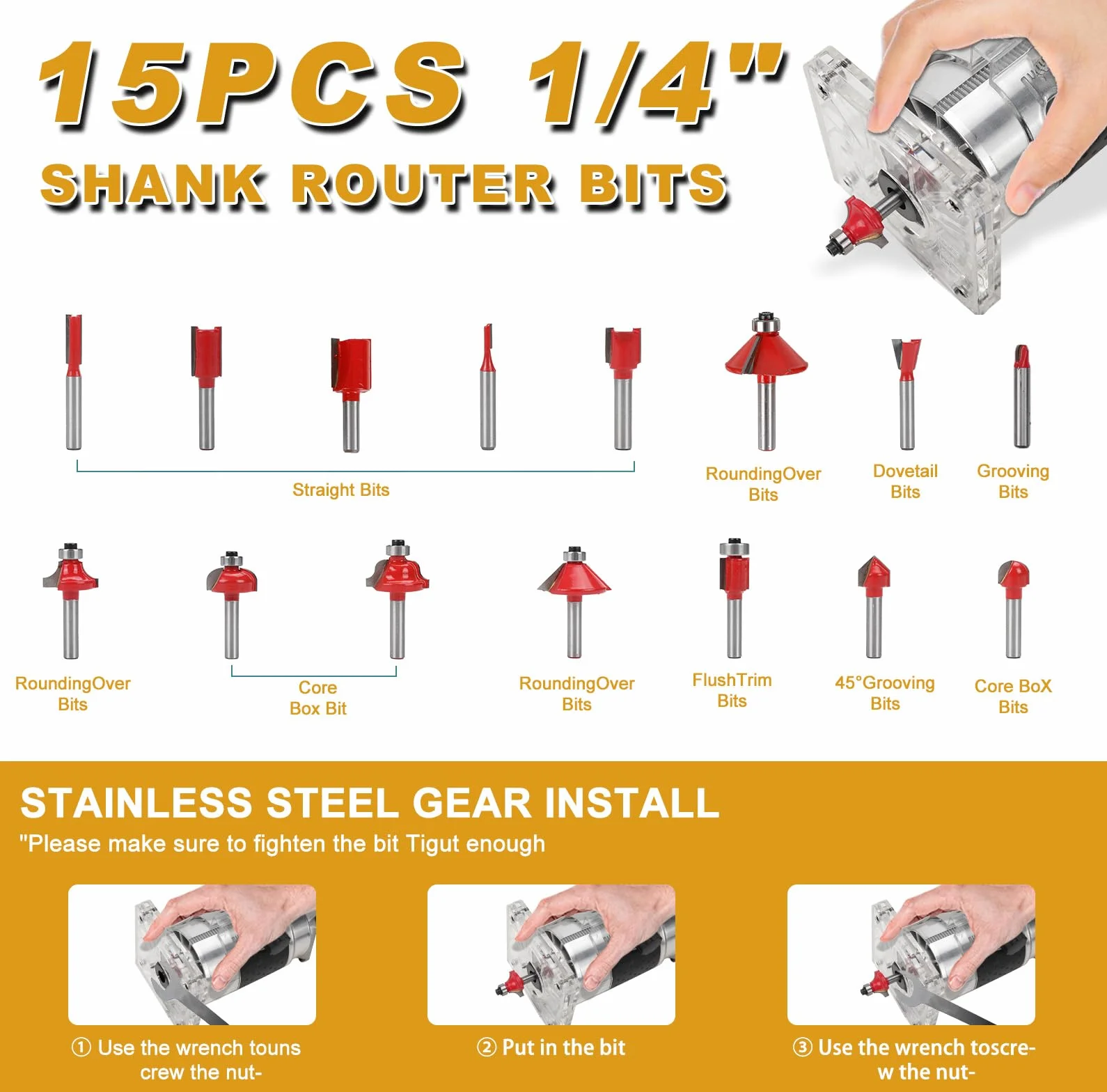 Enrutador inalámbrico, compatible con batería Dewalt, 20 V 800 W, fresa portátil sin escobillas para carpintería, carpintería inalámbrica, recortadora con 15 fresas de 1/4 de pulgada (sin batería)