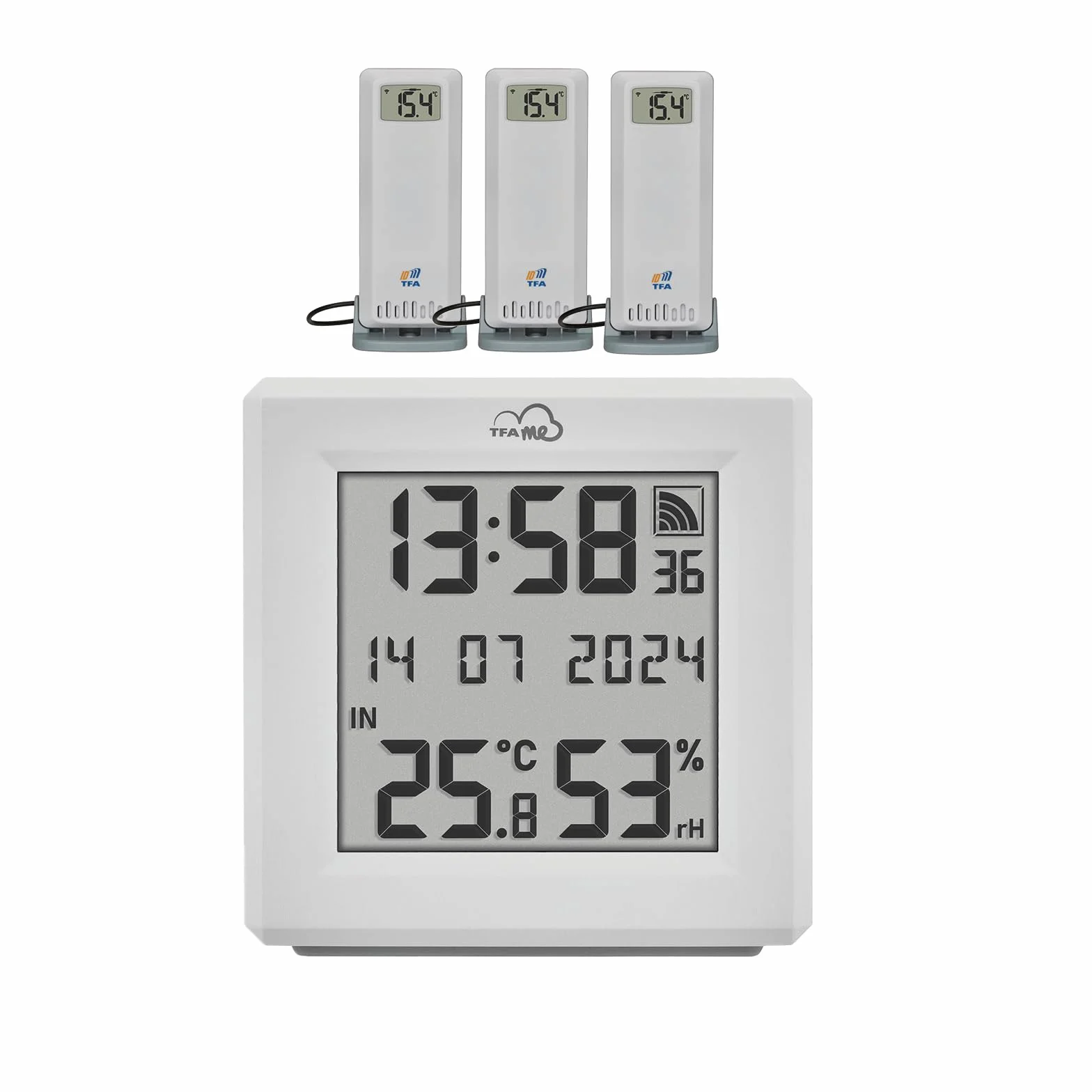TFA Dostmann TFA.me 35.8104 - Kit de iniciación con 3 transmisores de temperatura, para monitoreo de transmisores TFA-ID, incluye portal TFA.me para PC, smartphone y tableta, con sensor de cable,