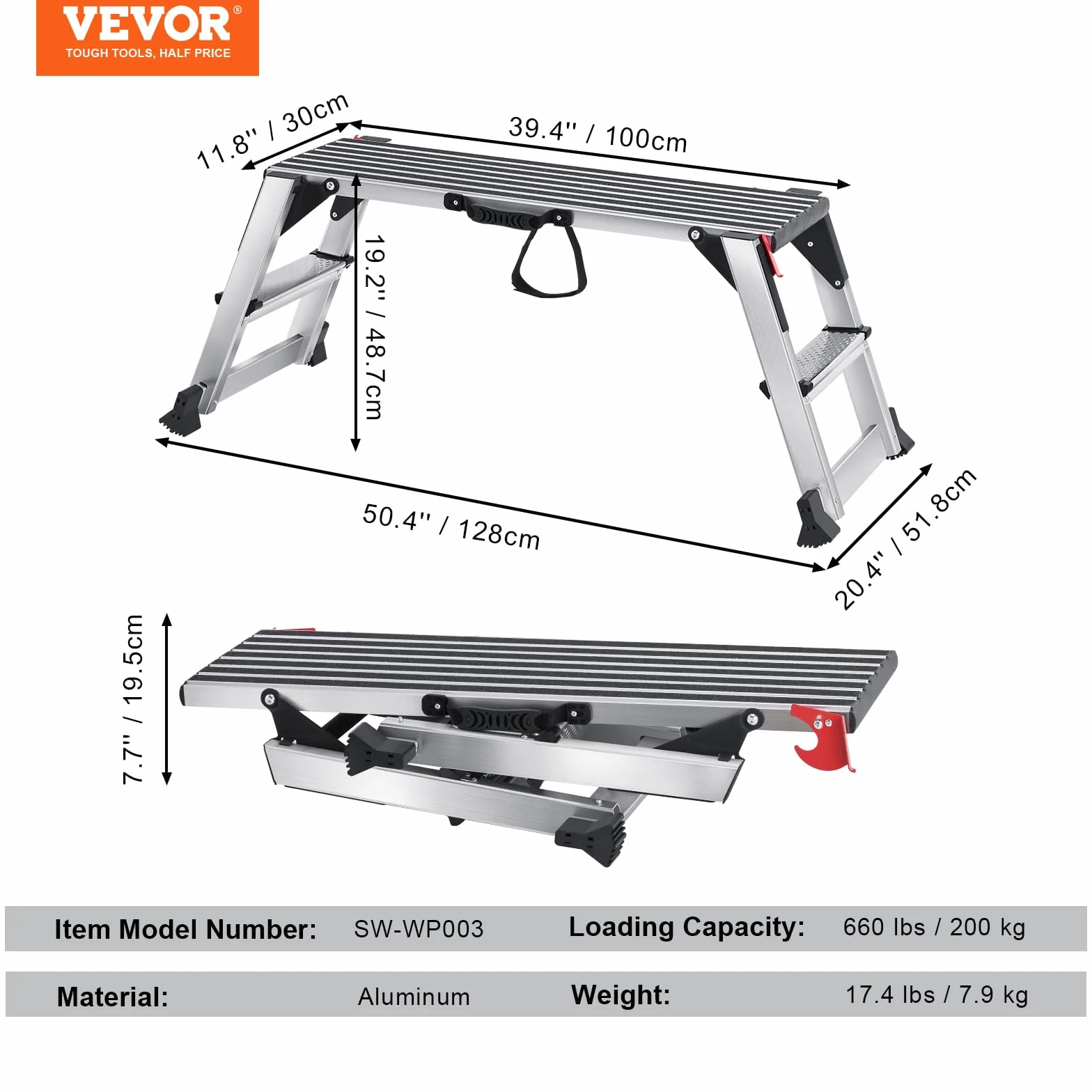 VEVOR Plataforma de Trabajo 200 kg Plegable 100 x 30 x 48,7 cm Aluminio Antideslizante