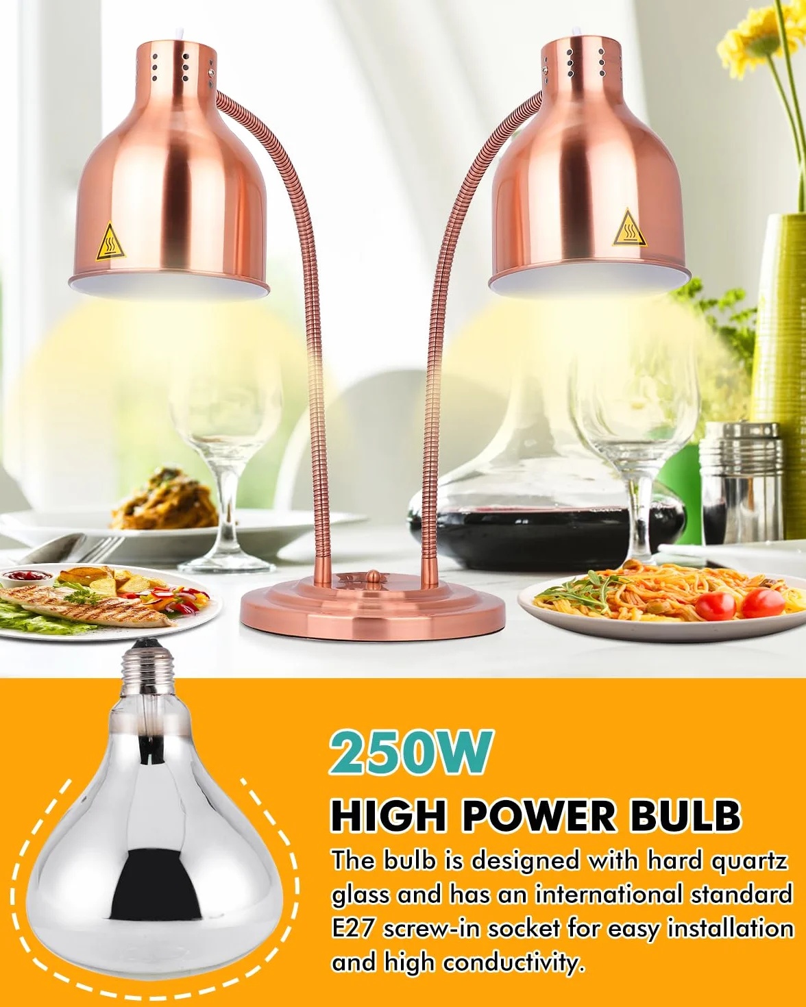 Lámpara de calor para alimentos YJINGRUI 250W ×2, manguera extensible 70 cm, buffet restaurante cocina