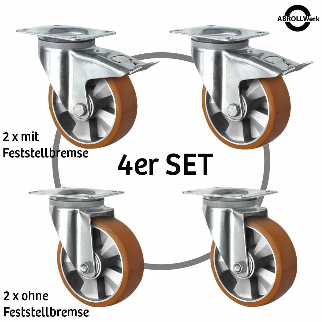 Ruedas giratorias de 125 mm, ruedas de aluminio, poliuretano, diámetro de 125 mm, carga pesada, rodamientos de bolas dobles, carga dinámica de 500 kg (juego de 4 unidades con 2-2 bloqueos)