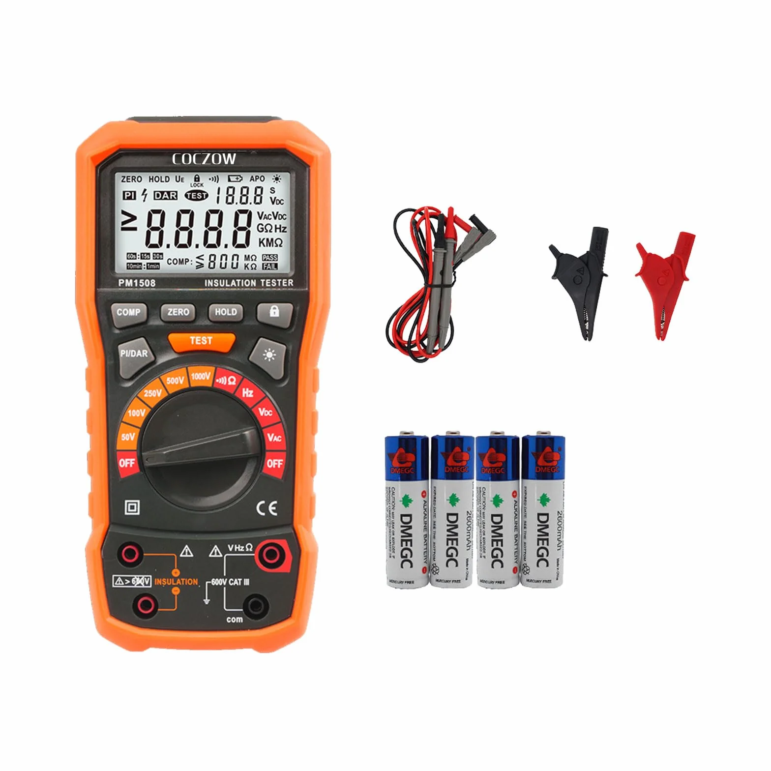 Comprobador Digital de Resistencia de Aislamiento 1000 V CA/CC Para Aparatos Eléctricos, Resistencia de Aislamiento de Hasta 100 GΩ, con PI/DAR, Prueba de Frecuencia y Baja Tensión, con Pantalla LCD
