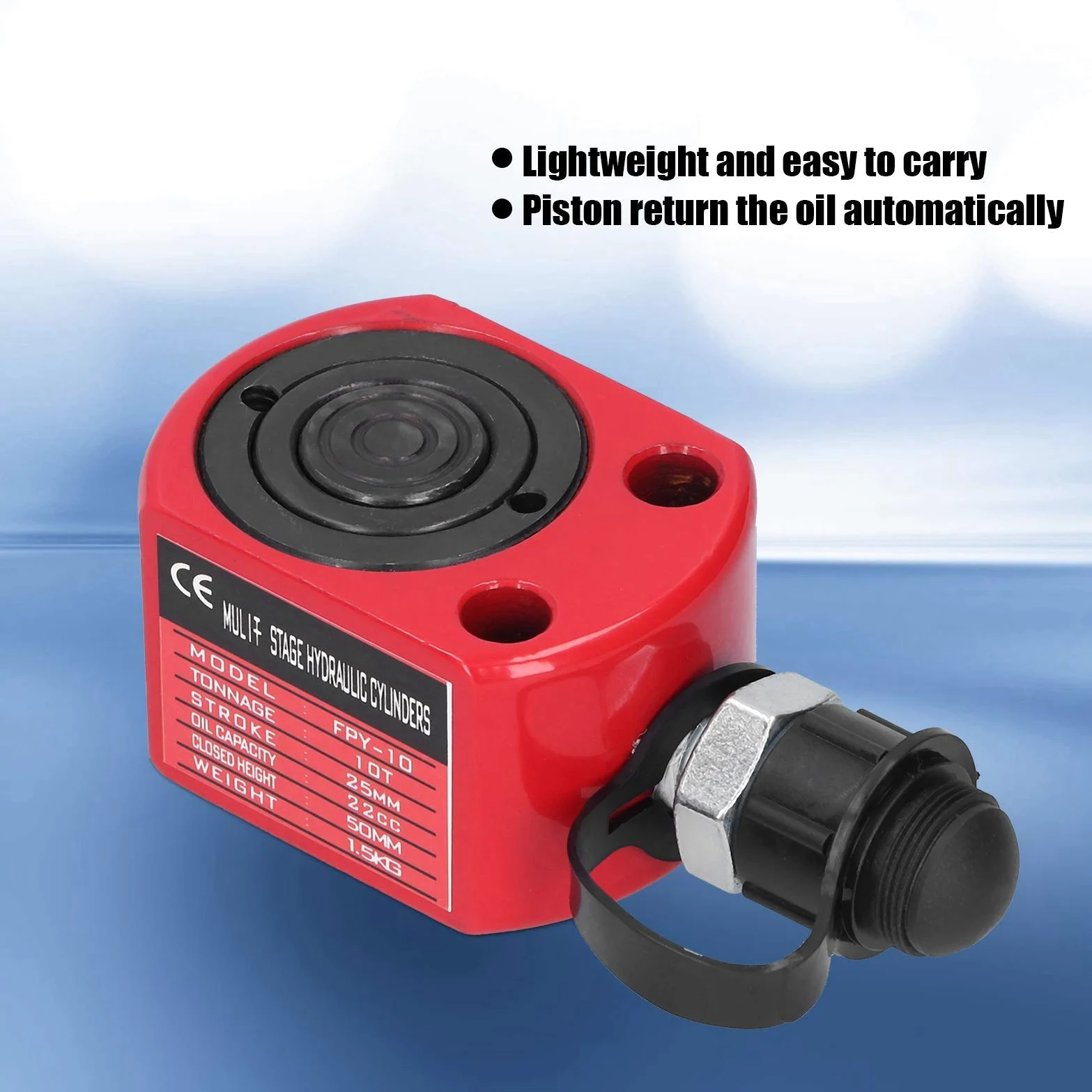 Cilindro Hidráulico 10T Gato de Ariete Hidráulico Rojo Herramienta Eléctrica de émbolo de Agujero Hueco Separado 50 mm de Altura