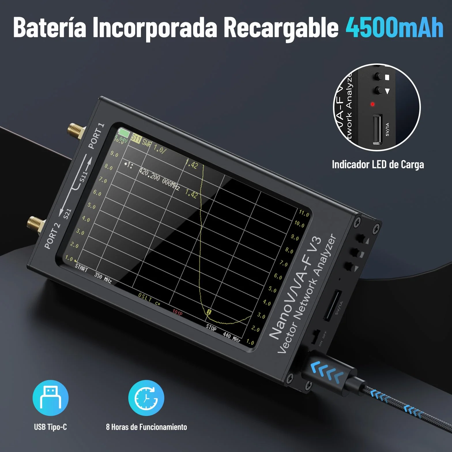 Seesii NanoVNA-F V3 Analizador Vectorial de Redes, 4,3'' Analizador de Antenas 1MHz-6GHz HF VHF UHF VNA para S-Parameter Voltaje SWR, Fase, Retardo, Smith Chart