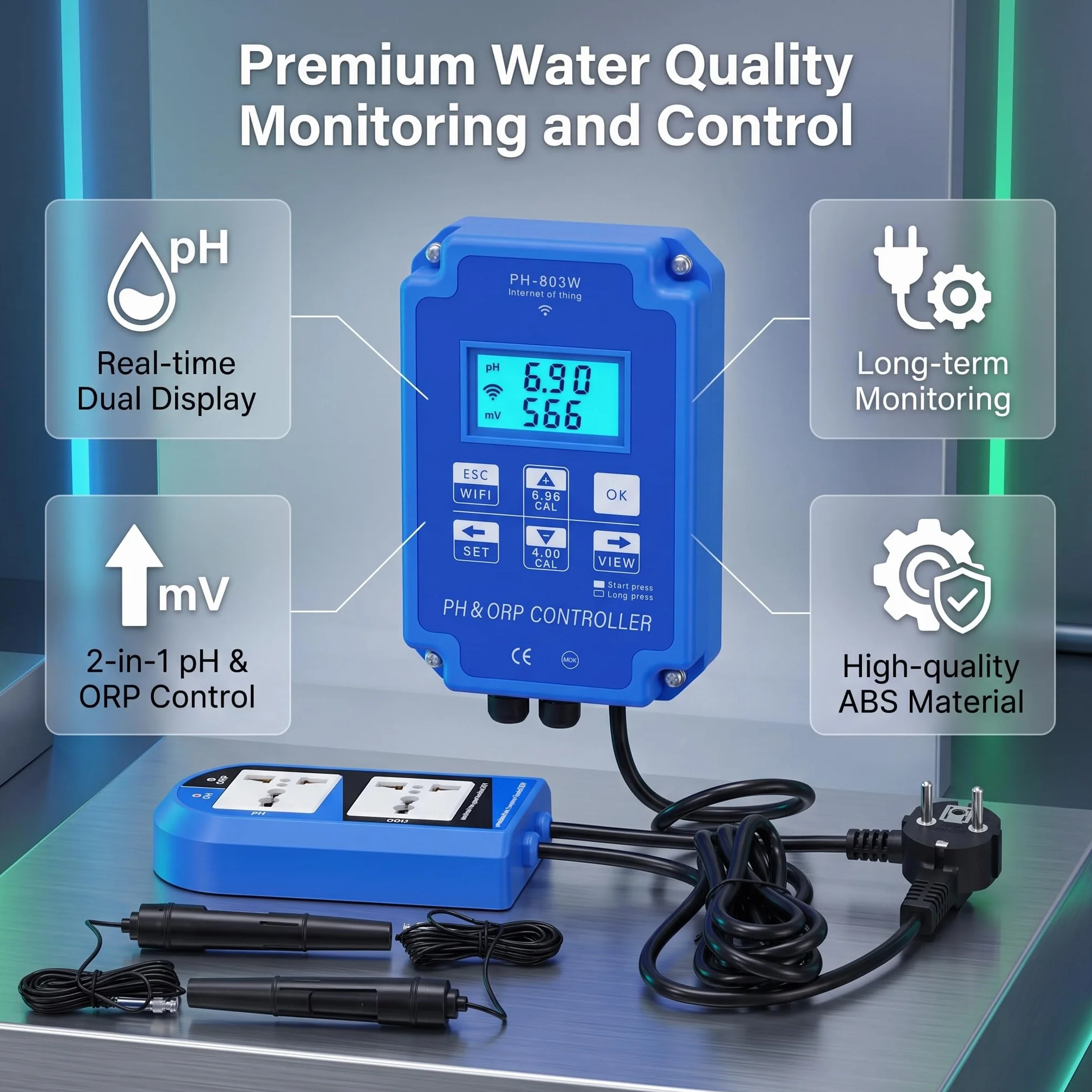 PH ORP Medidor de Prueba de Agua de Parámetros Múltiples con Controlador ORP Redox para Monitoreo y Control de Calidad del Agua a Largo Plazo(EU Plug 250V)