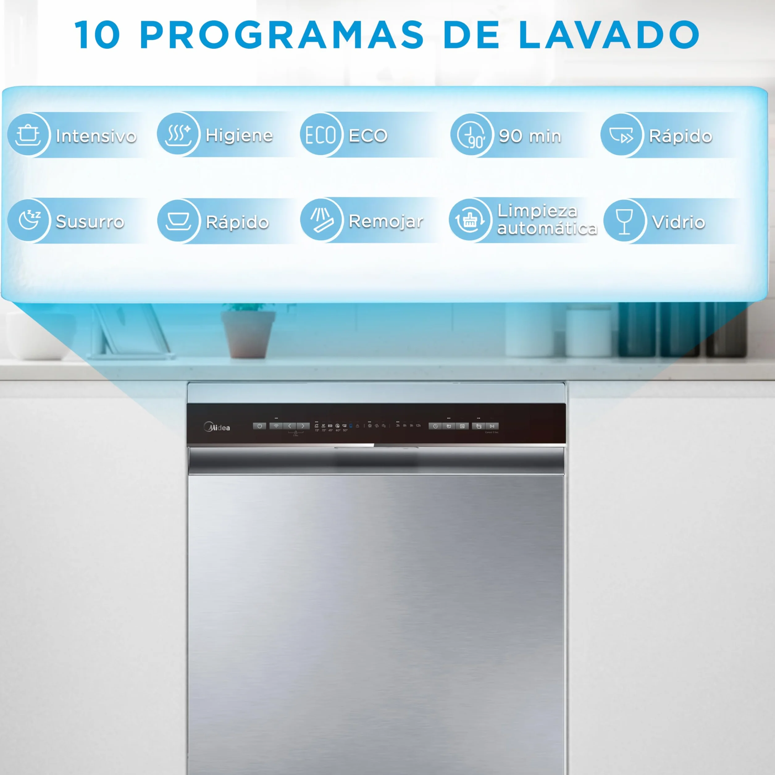 Midea Lavavajillas 60 cm Inox 14 servicios Libre instalación Compacto 10 Programas Filtro Antibacterias Programación Horaria