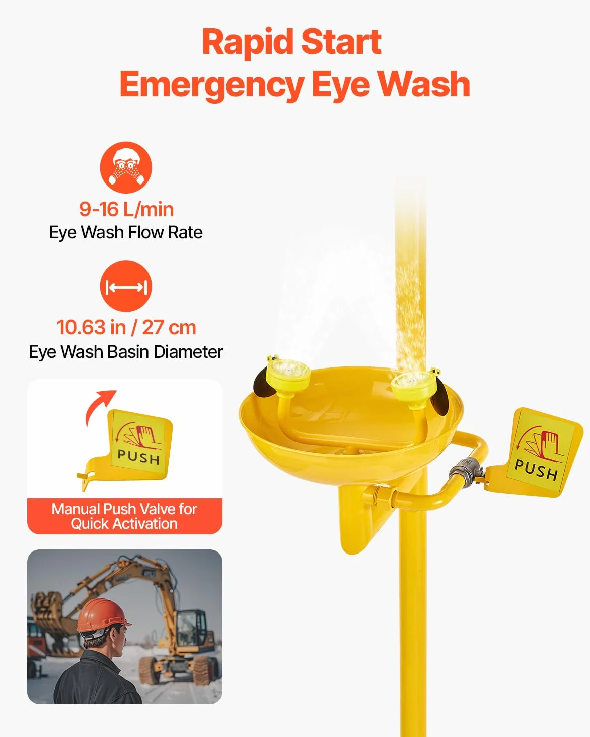 VEVOR Estación Lavaojos de Emergencia, Estación Lavaojos con Ducha de Emergencia 87 x 40 x 233 cm Diámetro del Lavabo para Lavado de Ojos de 27 cm para Escuelas, Laboratorios y Fábricas, Amarillo