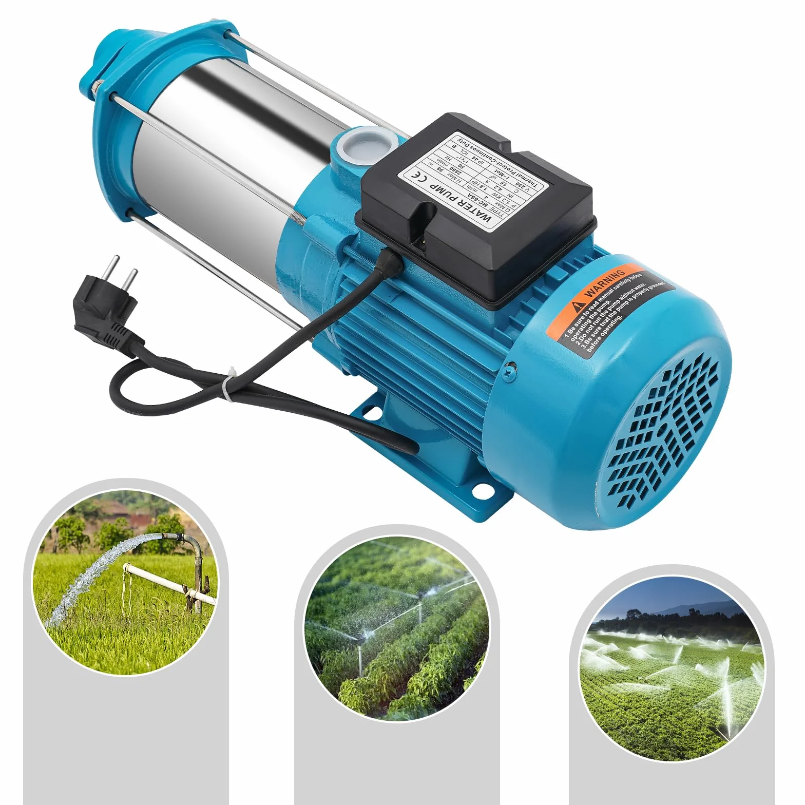 Bomba centrífuga de 1300 W, de acero inoxidable, 1,8 HP 220 V, bomba de agua doméstica, bomba de jardín con interruptor de presión, bomba de chorro para granjas, estanques, jardines, riego