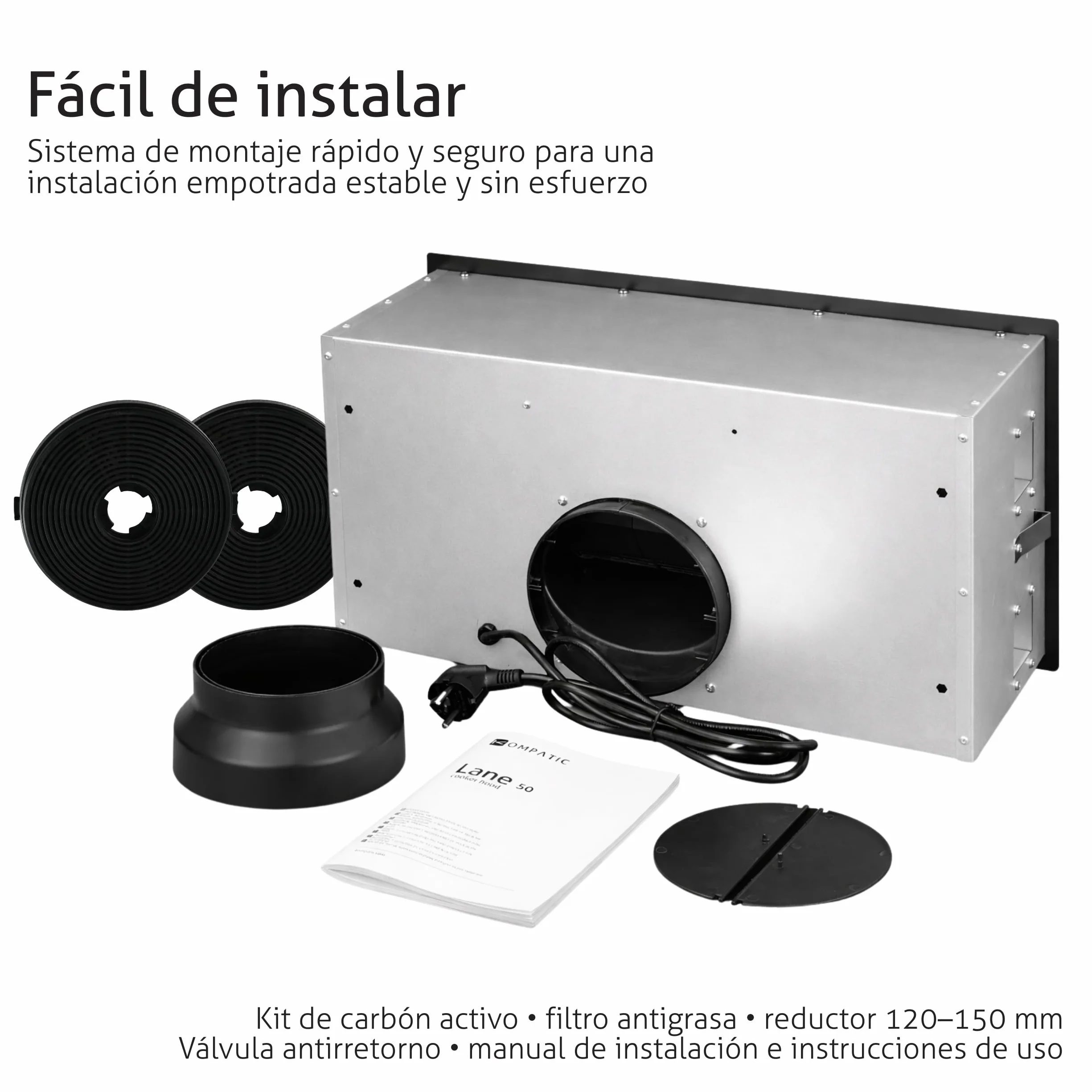 Lane 50 KLN50BI Campana Extractora Encastrable 50 cm, Clase A+++, 450 m³/h, Filtro de carbón KCF4, Temporizador, LED, 3 velocidades + boost, Negro