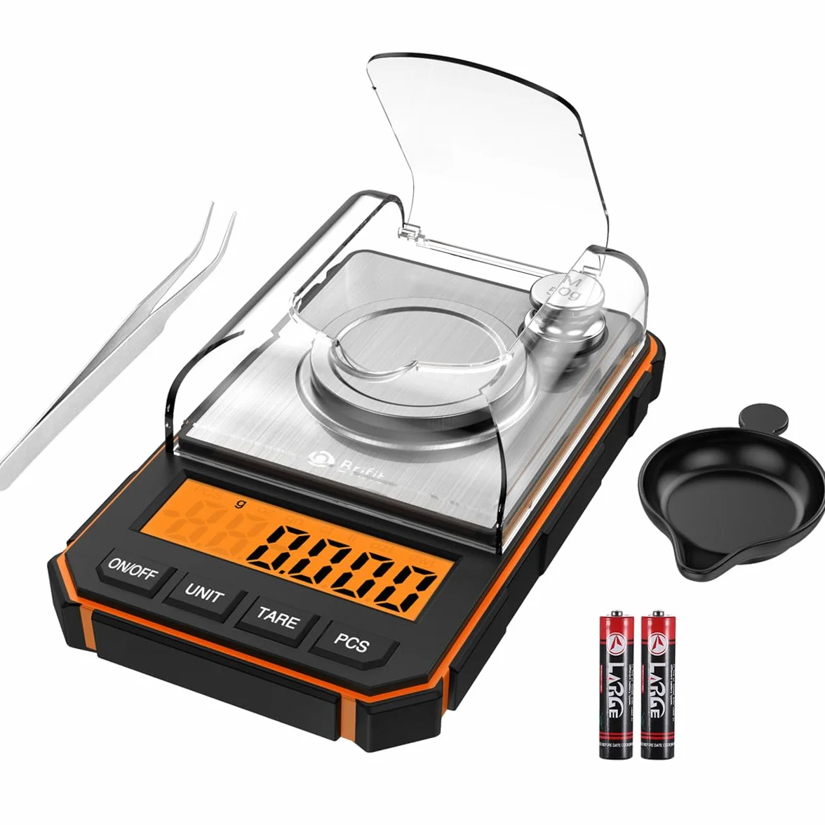 Brifit Báscula de Precisión Digitale, 50g/0.001g Balanzas de Portátiles con Peso de Calibración de 50g, Pinzas, Plato de Pesaje (Batería Incluida, Naranja)