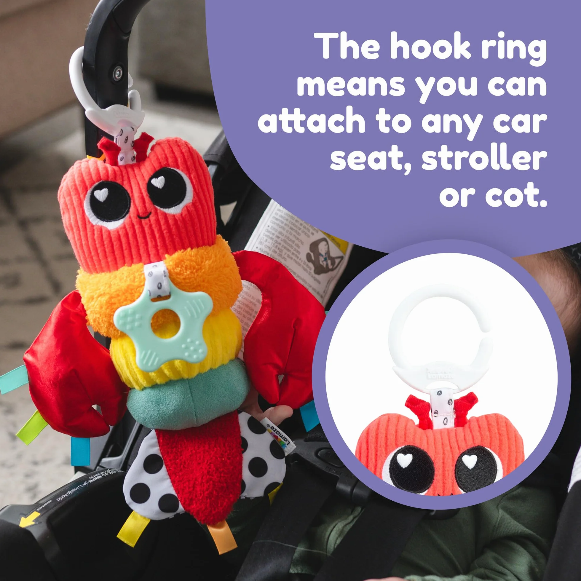 LAMAZE Liam Der Hummer Clip & Go, Juguete Sensorial de Clip, Langosta Texturizada con Mordedor y Campana