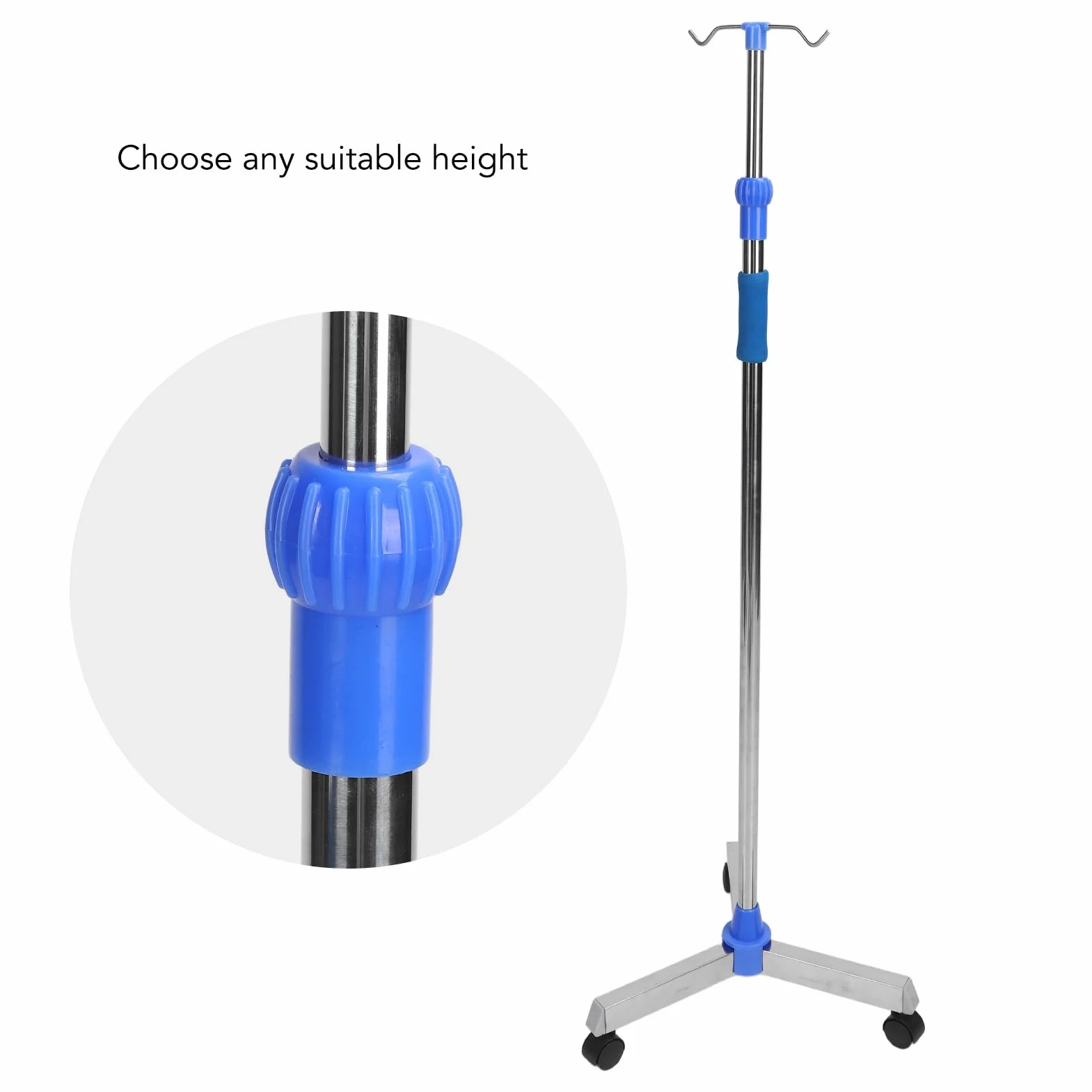 Portasueros, Soporte para Suero de Acero Inoxidable con Ajustable, Base Triangular con Ruedas, Varilla Gruesa, 2 Ganchos, Soporte para Bolsa Intravenosa para el Hogar, Clínica,