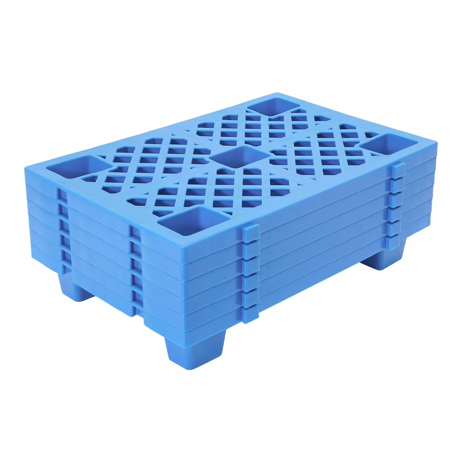 Juego de 6 paletas de plástico, 60 x 40 x 10 cm, apilables, ligeras, con base estriada y conexión a presión, para almacén, logística, exterior, cocina, trastero, hasta 100 kg (azul)