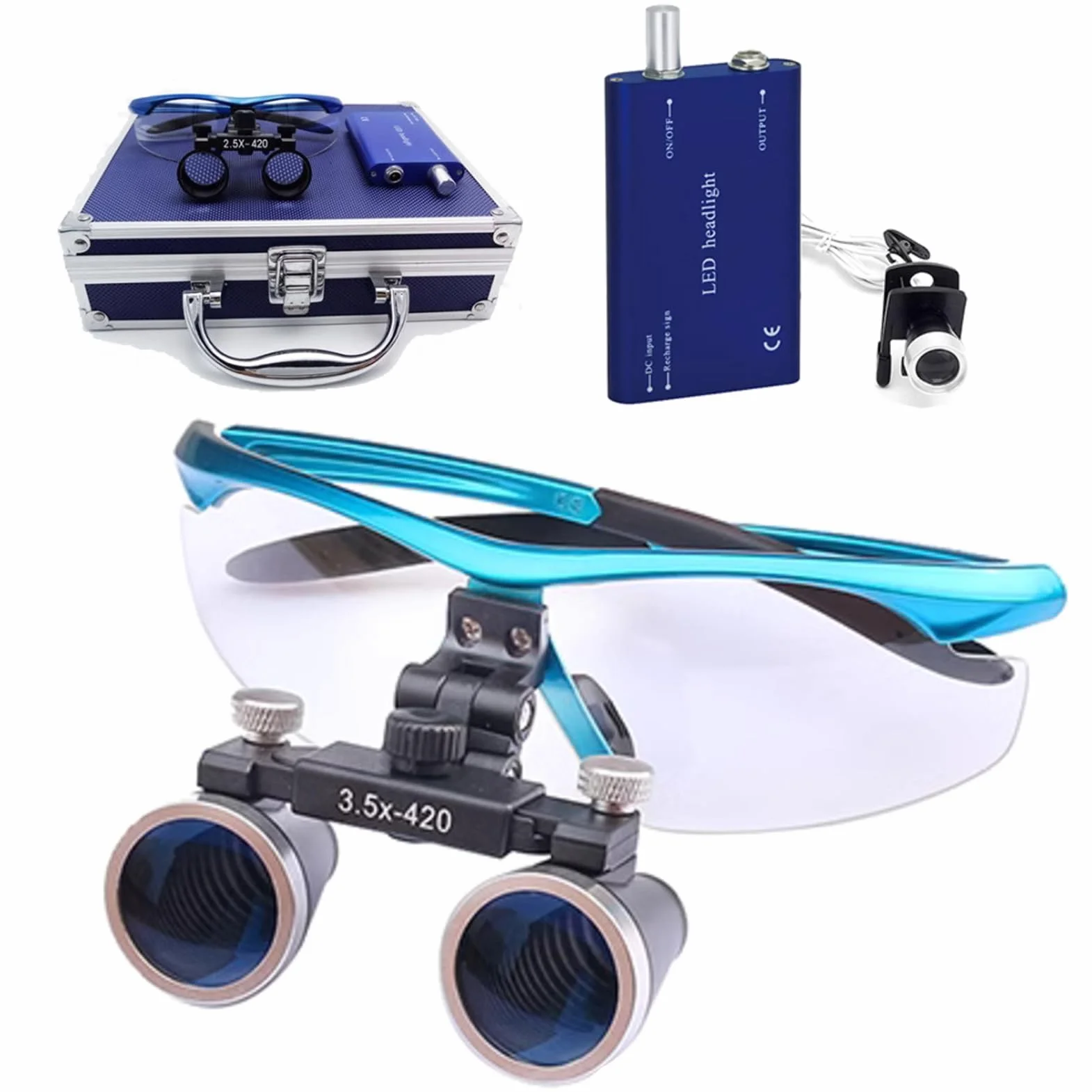 Lupas Dentales con Luz LED 3.5X - Gafas Lupa Quirúrgicas Profesionales para Dentista, Lente Óptico 420mm, Estuche Aluminio Incluido