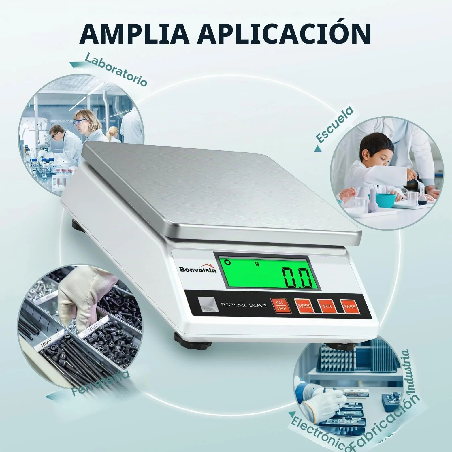 Bonvoisin Báscula de Precisión 6000g/0.1 g, Balanza Cuentapiezas Laboratorio Digital Electrónica Analítica con Certificación CE, Función de Conteo y Tara, Acero Inoxidable, Batería y Cargador (0.1g)