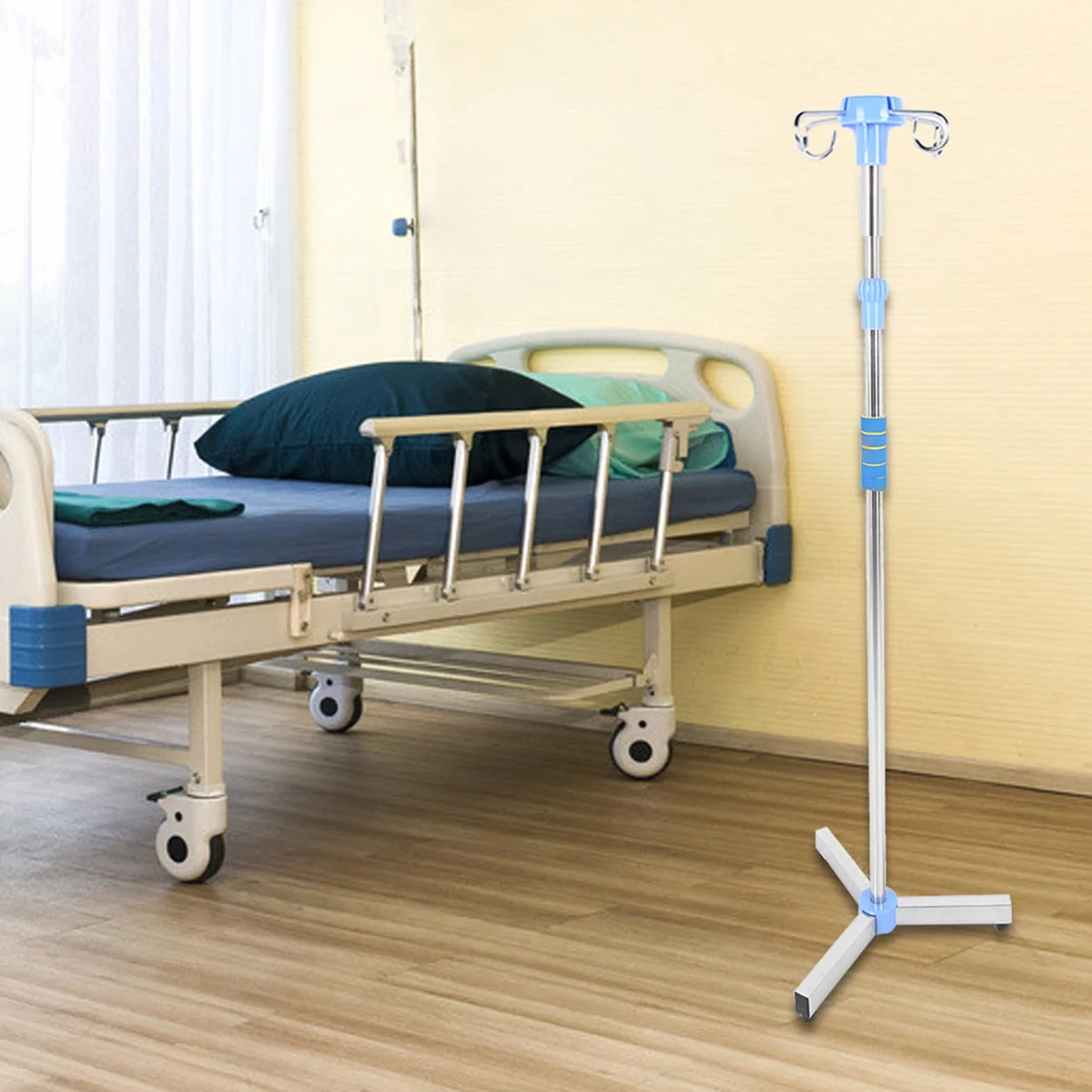 Soporte para Poste Intravenoso, portátil plegable médico IV fluido bolsa de pie con 4 ganchos y 3 ruedas, altura ajustable de acero inoxidable IV bolsa de pie para los hospitales