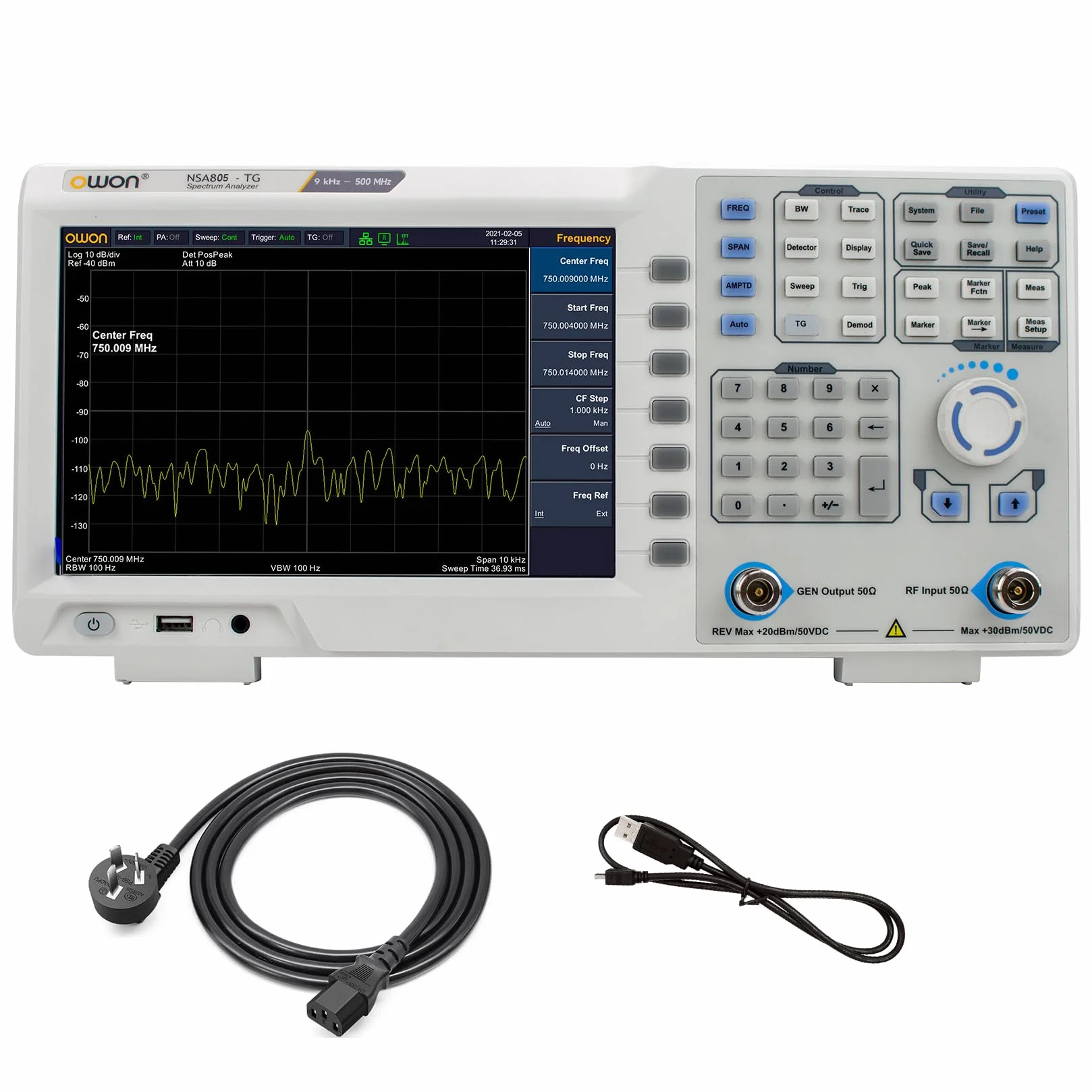 OWON XSA805-TG Analizador de espectro LCD de 9 pulgadas con generador de seguimiento, rango de frecuencia de 9 kHz a 500 MHz, alta resolución de 1280X800 píxeles con USB, LAN, auriculares, HDMI