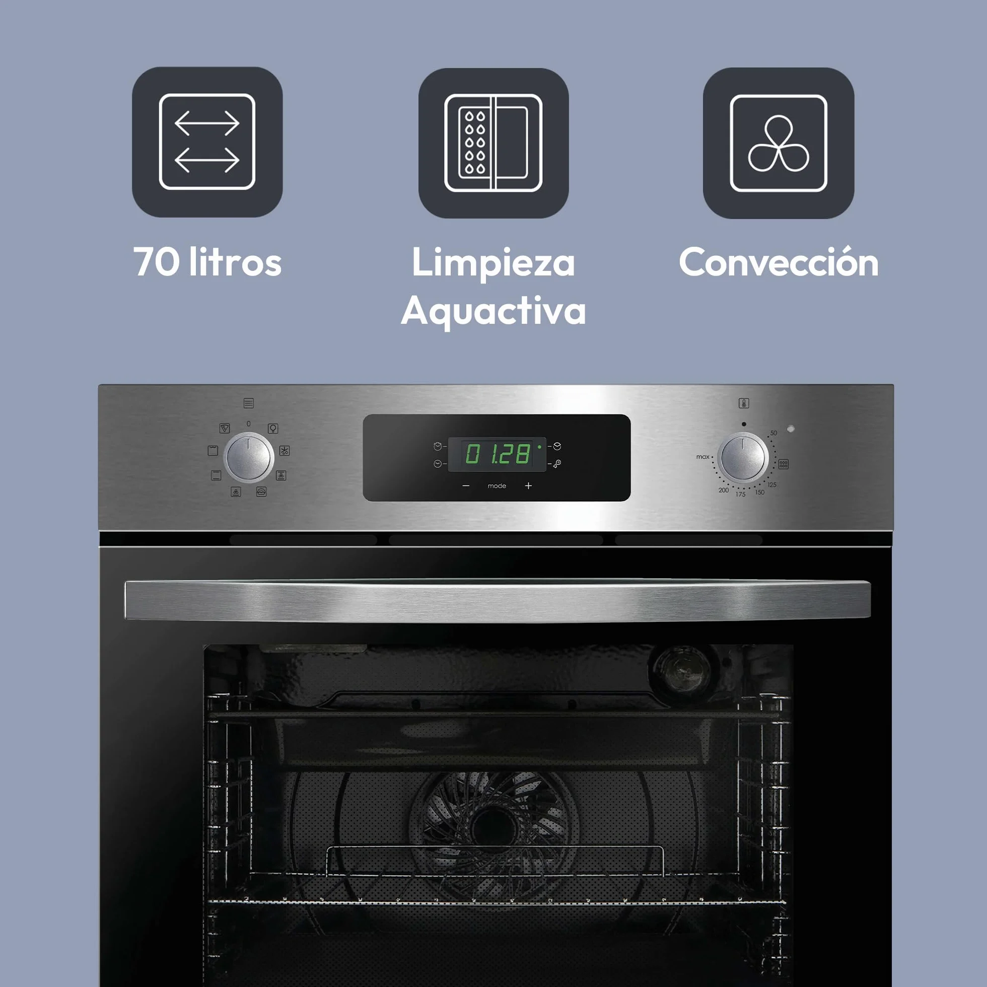 Candy FIDCP X625 L Horno Multifunción 70L Aquactiva Convección Ventilador radial 8 Funciones Display Timer Touch Puerta 2 Cristales Inox Negro