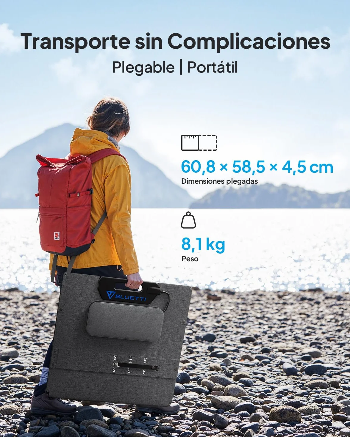 BLUETTI 200W Panel Solar, Portátil para Estación de Energía EB3A AC50B AC70 AC180 AC200L Elite 200 V2 AC300 B300K, Panel Solar Monocristalino Plegable con Soportes Ajustables para Viajes, Camping