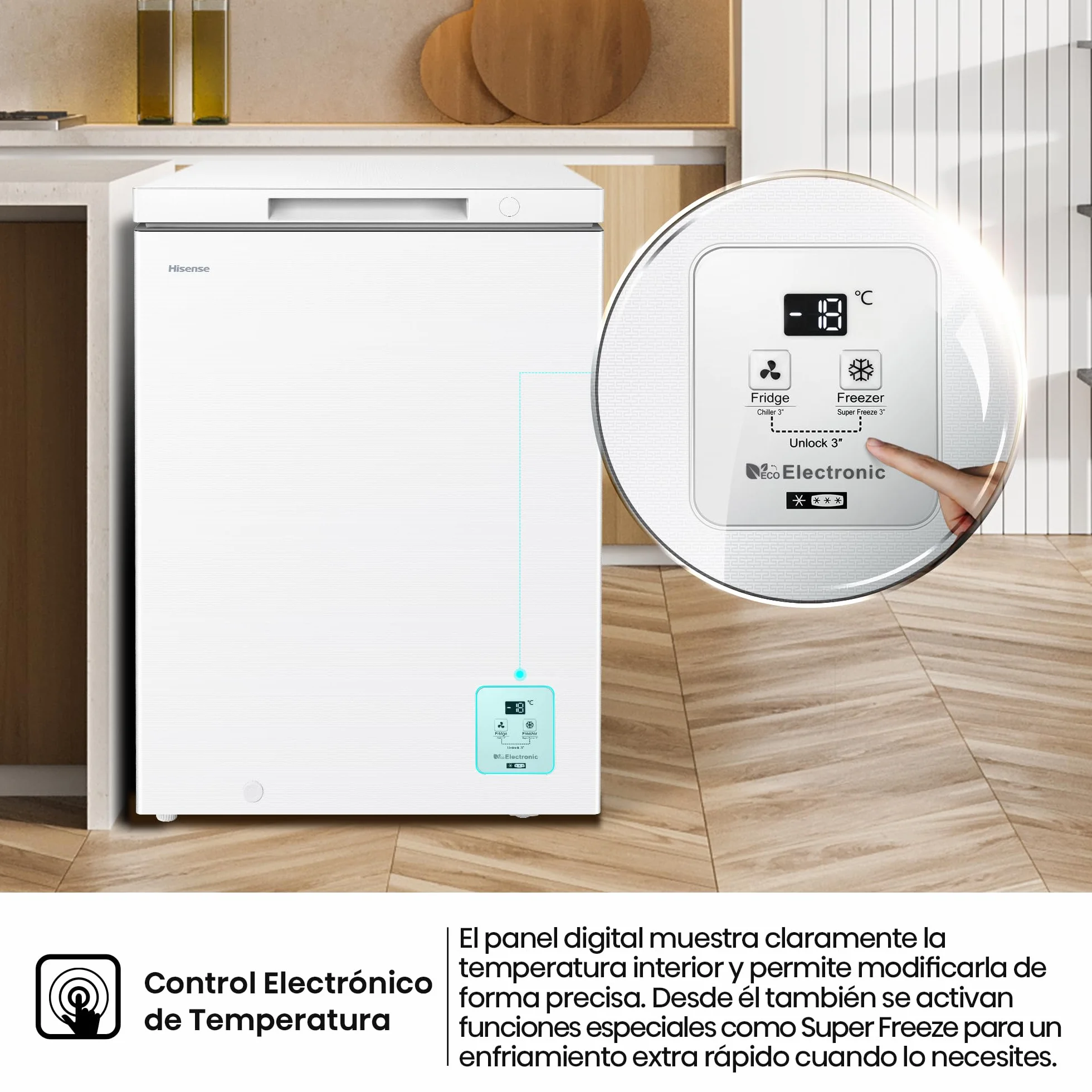 Hisense Arcón Congelador Horizontal 97L 86cm Congelación 360° Congelador Convertible Control Electrónico de Temperatura Freezer Protect Blanco
