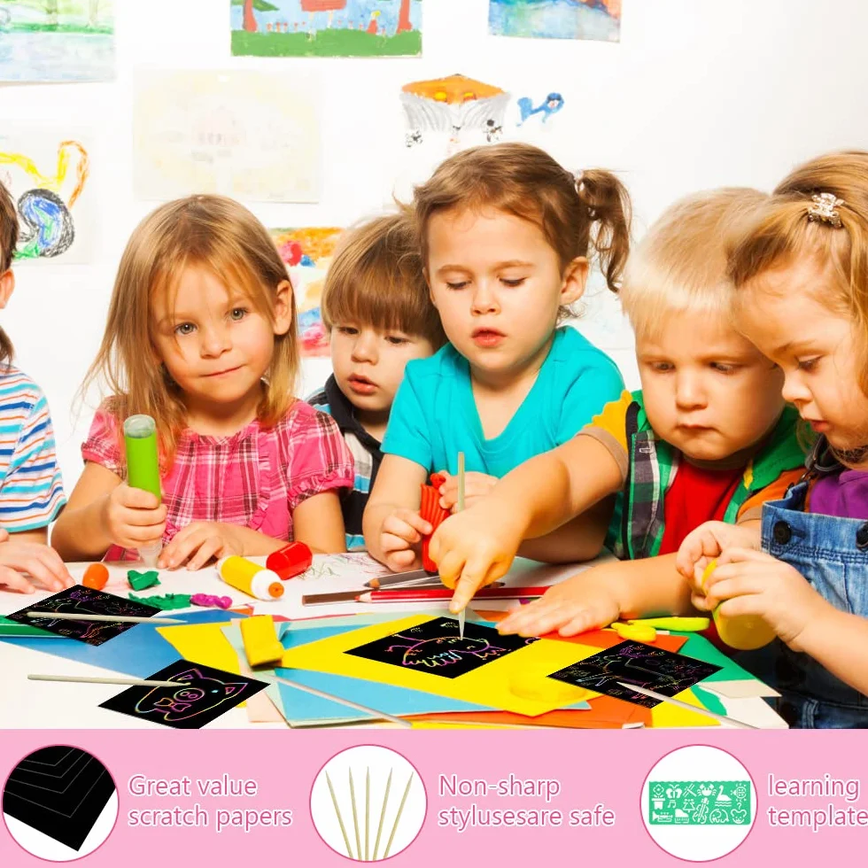 Vicloon Rainbow Scratch Art, 50 notas mágicas negras, pintura para niños, 4 plantillas, 5 lápices