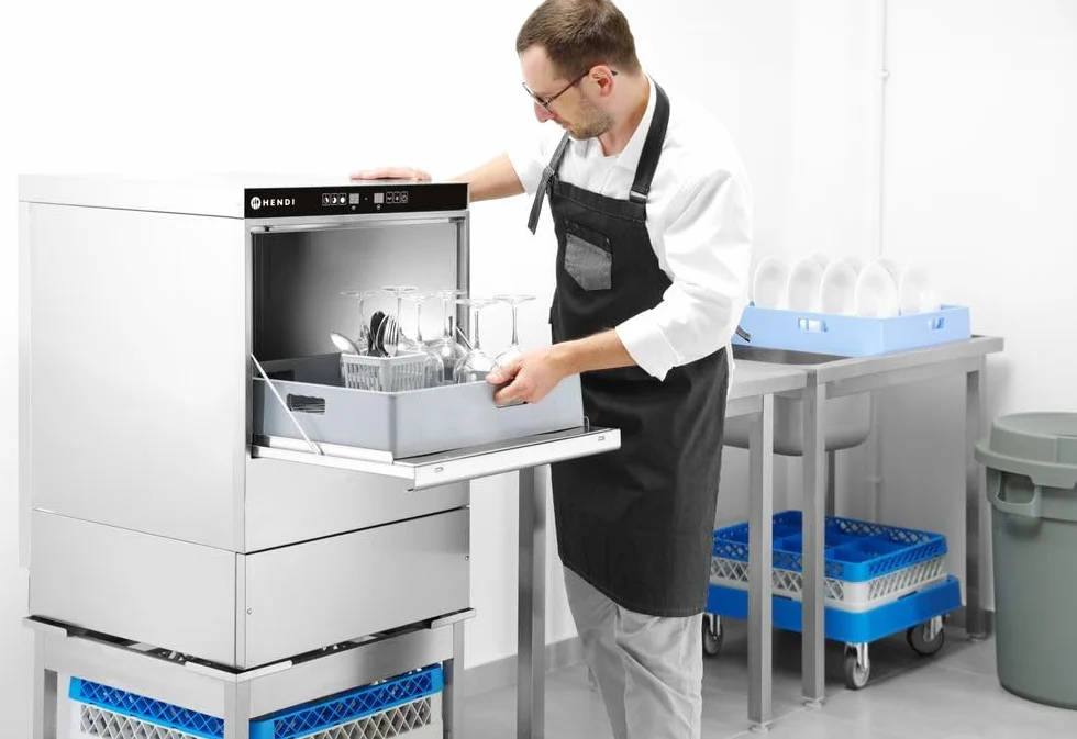 HENDI Lavavajillas industrial, para cestas 50x50cm, con control electrónico, máquina lavaplatos lavavasos lavacopas, 400V, 6600W, 570x600x(H)830mm, acero inoxidable