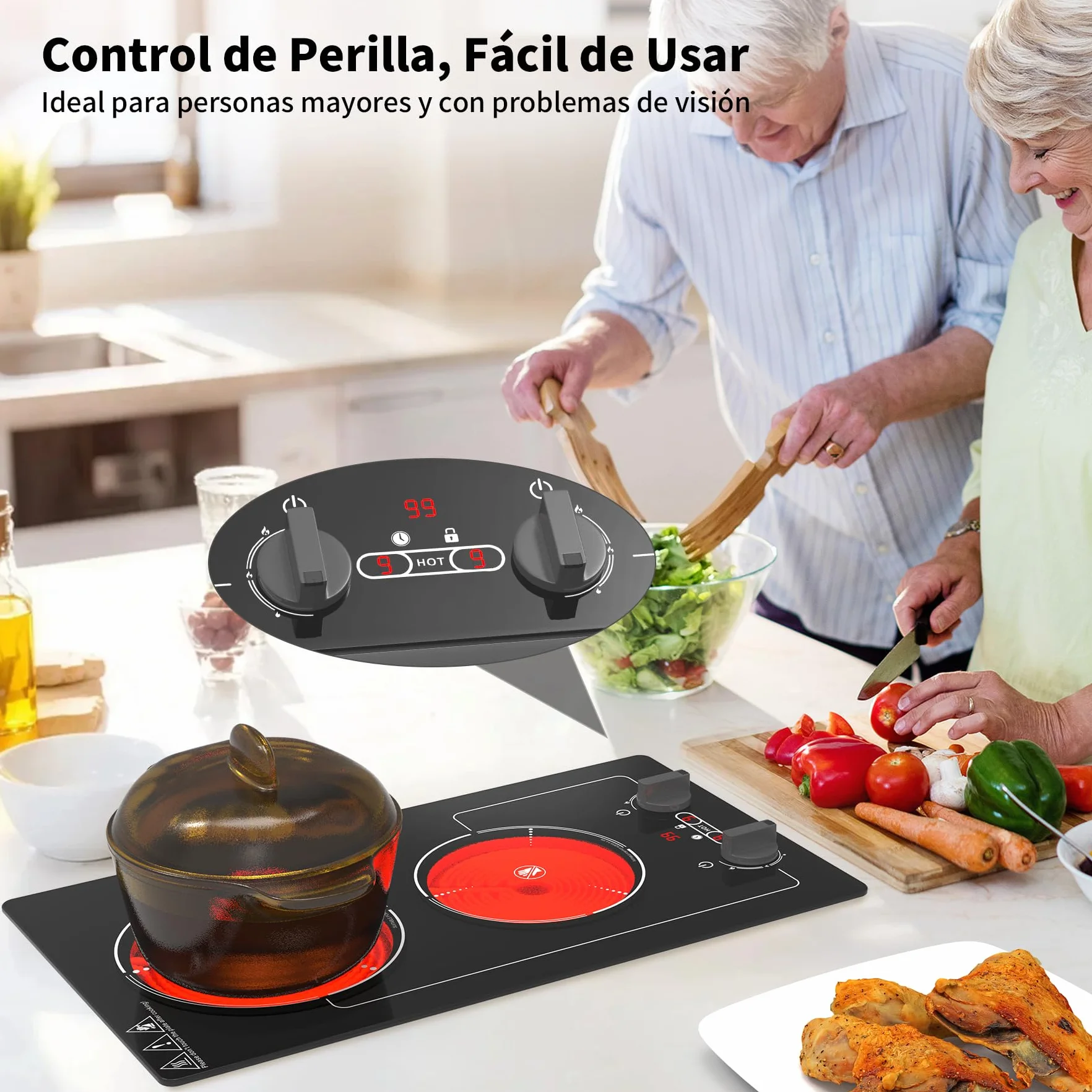 Placa Vitroceramica 2 Fuegos 220V 3000W Portatil con Enchufe, 9 Niveles, Bloqueo Infantil, Temporizador