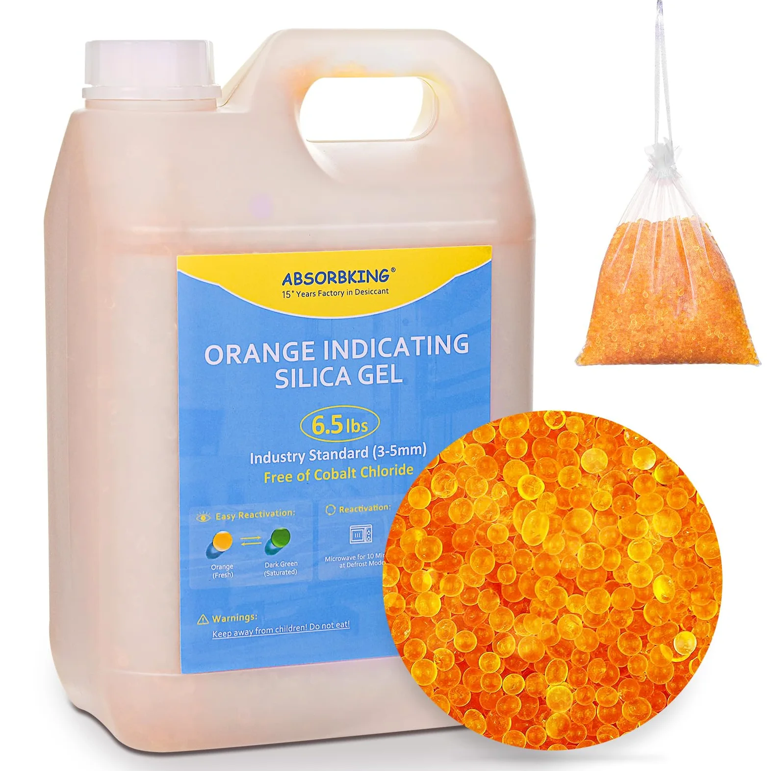 Absorbking Desecante – Cuentas desecantes de 6.5 libras con estándar de la industria de 3 a 5 mm, gel de sílice indicador naranja premium, cuentas de gel de sílice recargables utilizadas para