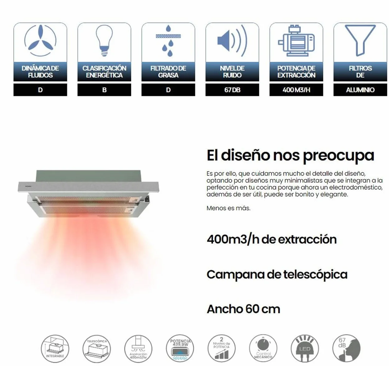 INFINITON Campana Extractora CMPE-64ABL 400 m3/h 60 cm Encastrable Luz Led Inox